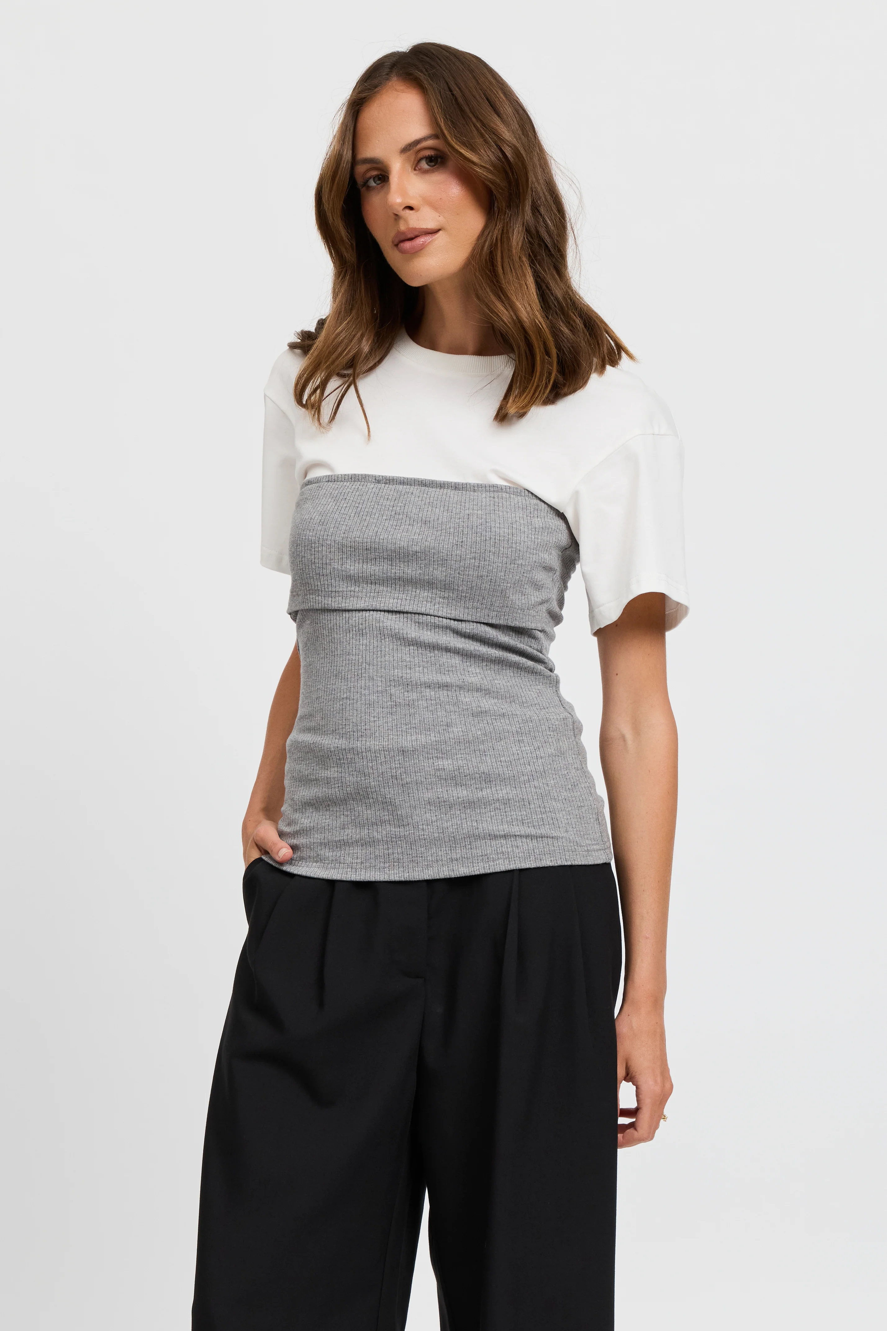 Cleo Ribbed Bodice Tee - White / Grey Marle - Image 5
