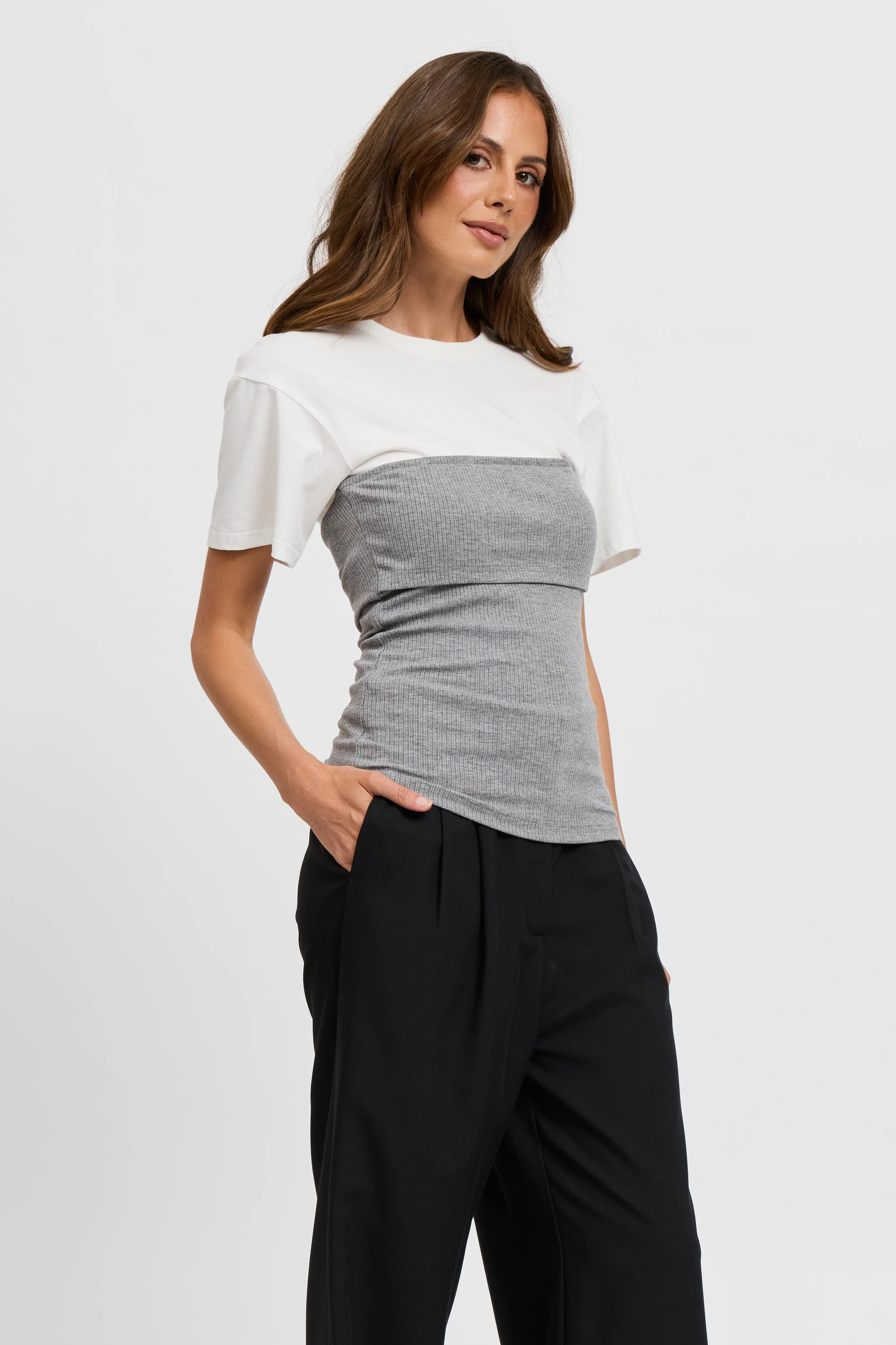 Cleo Ribbed Bodice Tee - White / Grey Marle - Image 6
