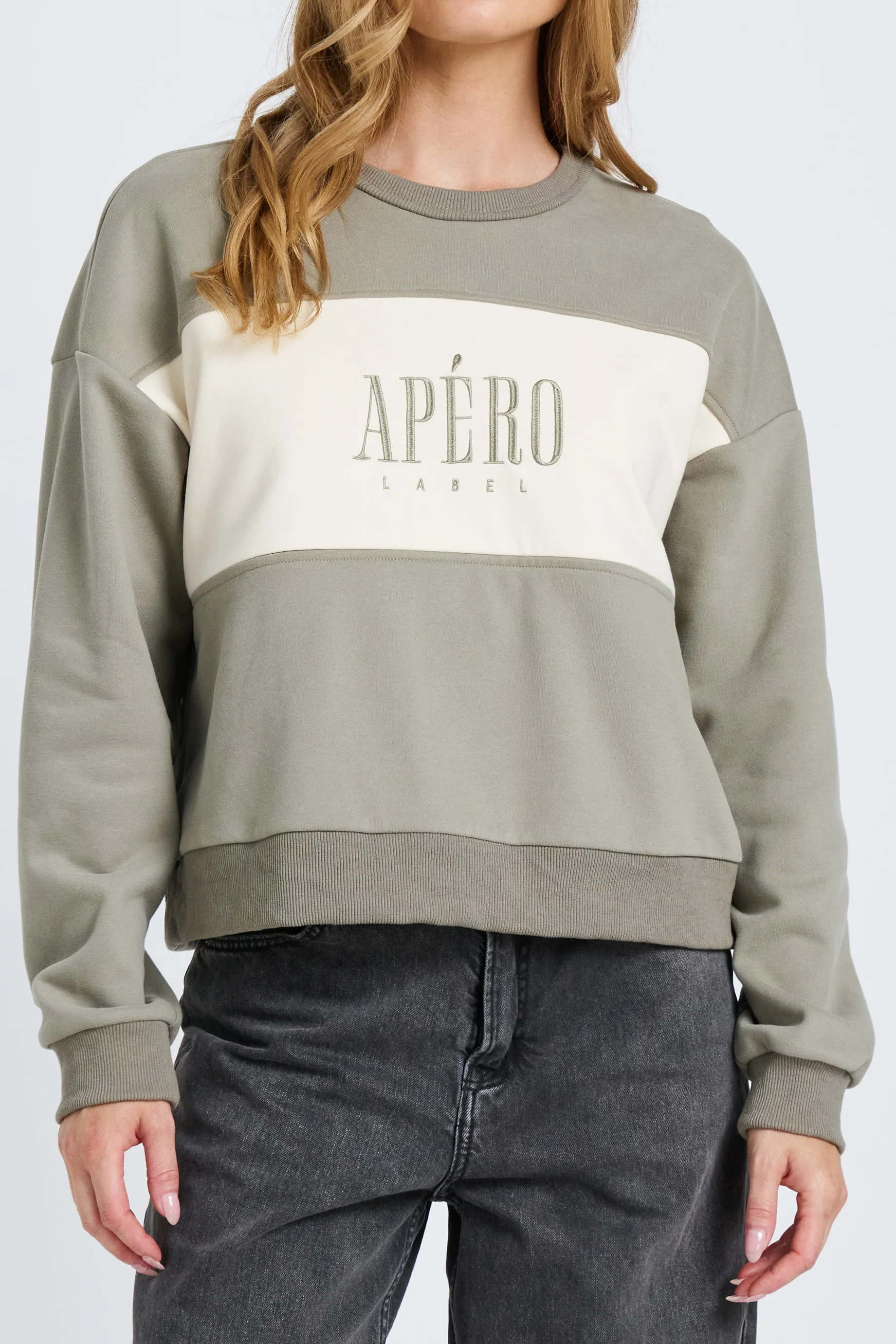Dual Oversized Cropped Panel Jumper - Sage / Cream - Image 3