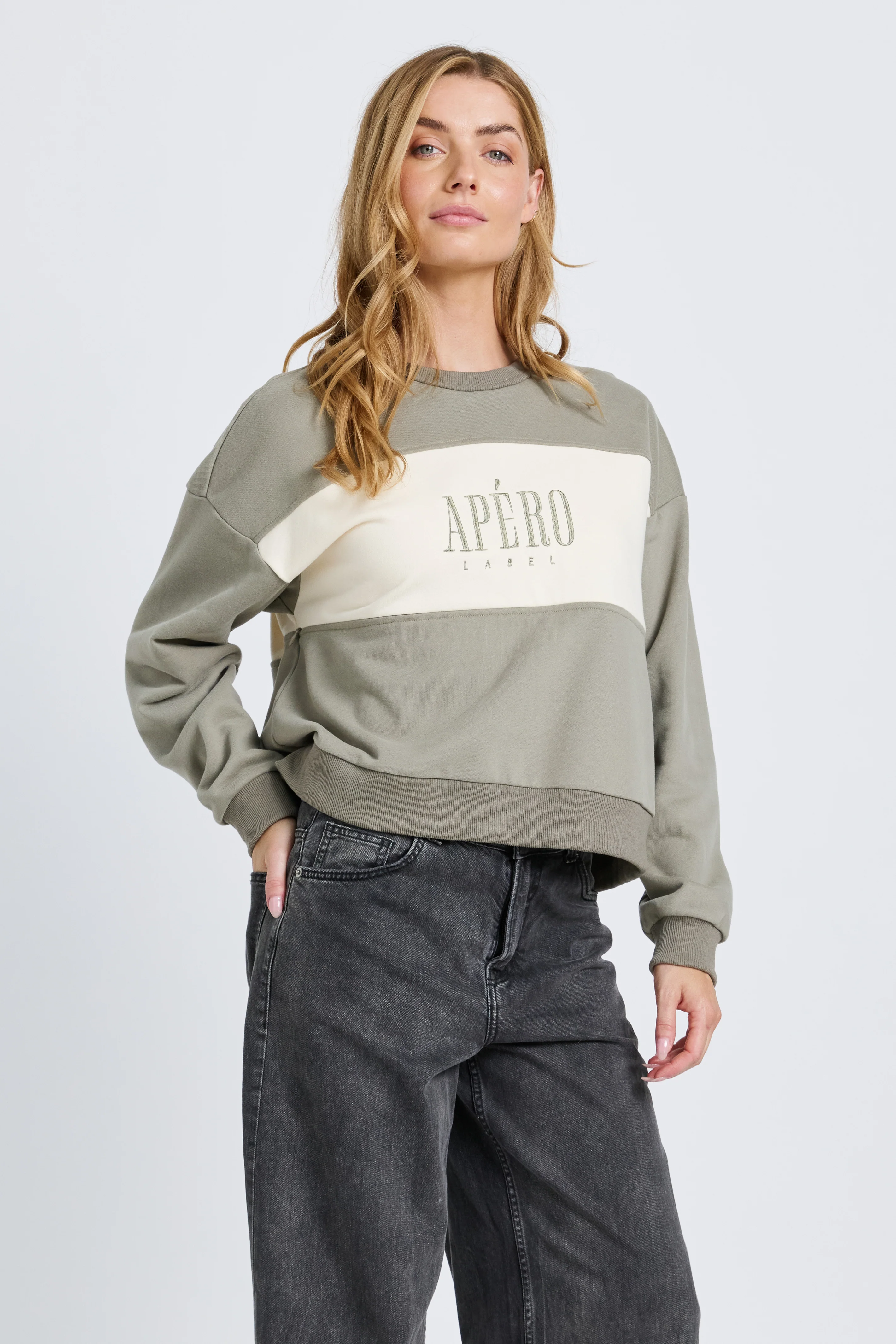 Dual Oversized Cropped Panel Jumper - Sage / Cream - Image 4