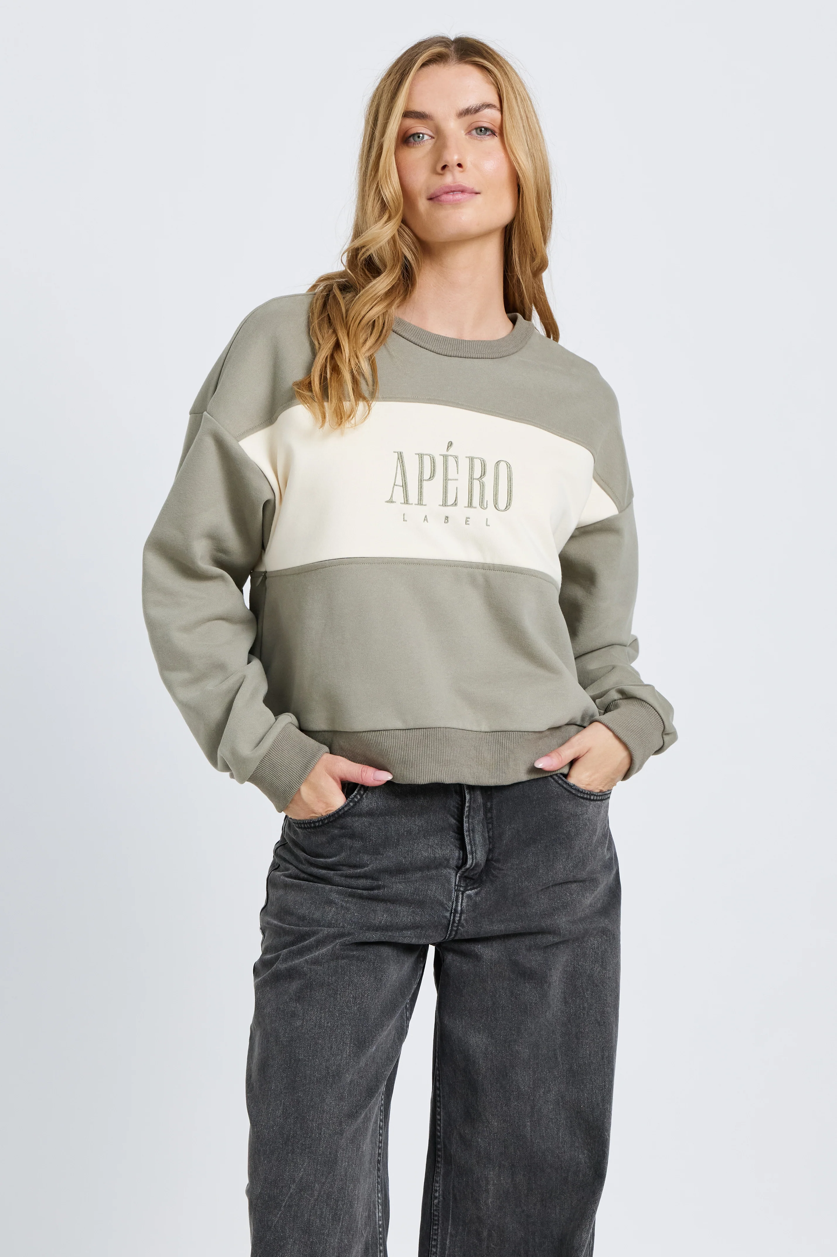 Dual Oversized Cropped Panel Jumper - Sage / Cream - Image 6