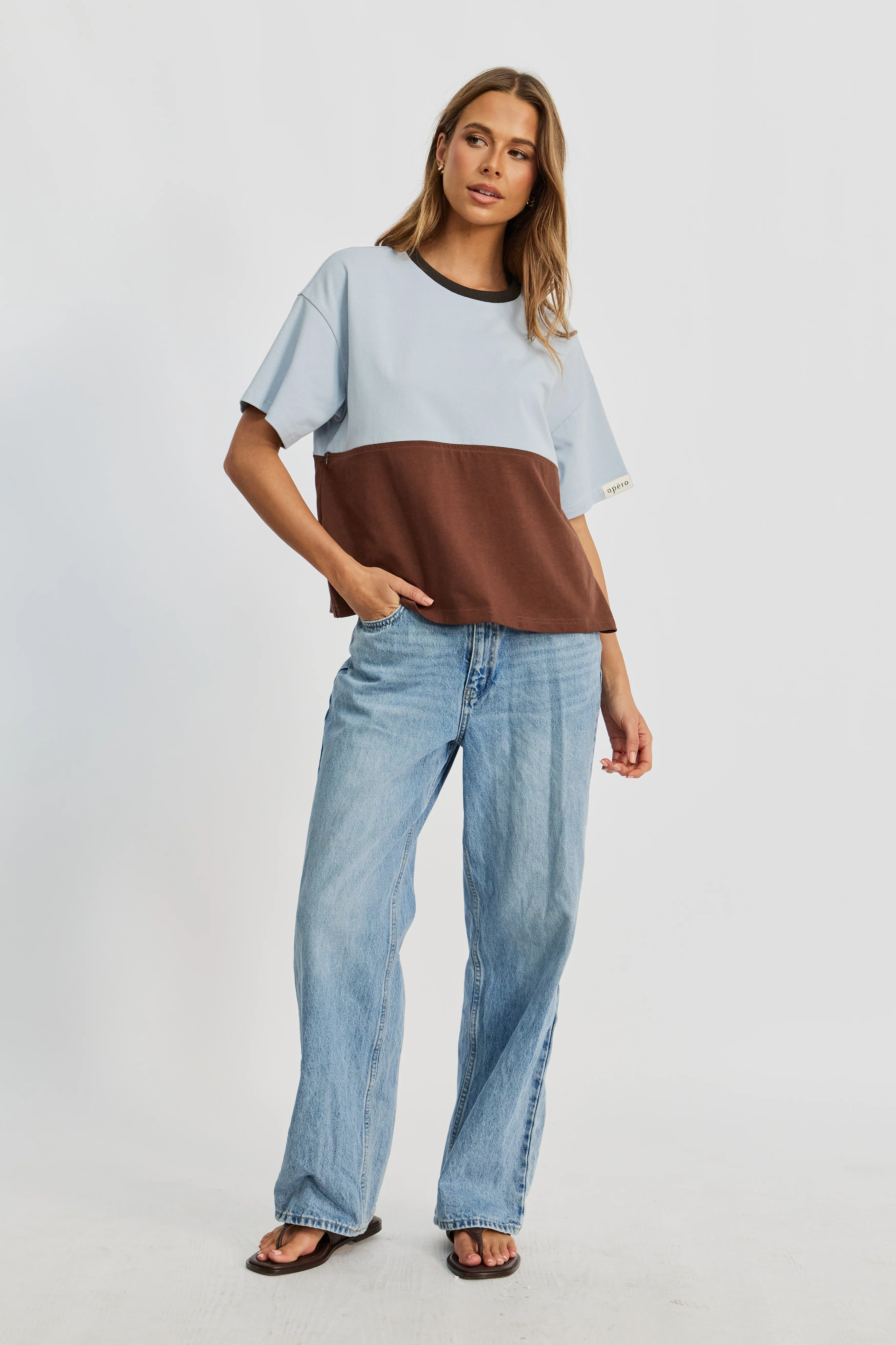 Duo Drop-Shoulder Panel Tee - Brown / Baby Blue