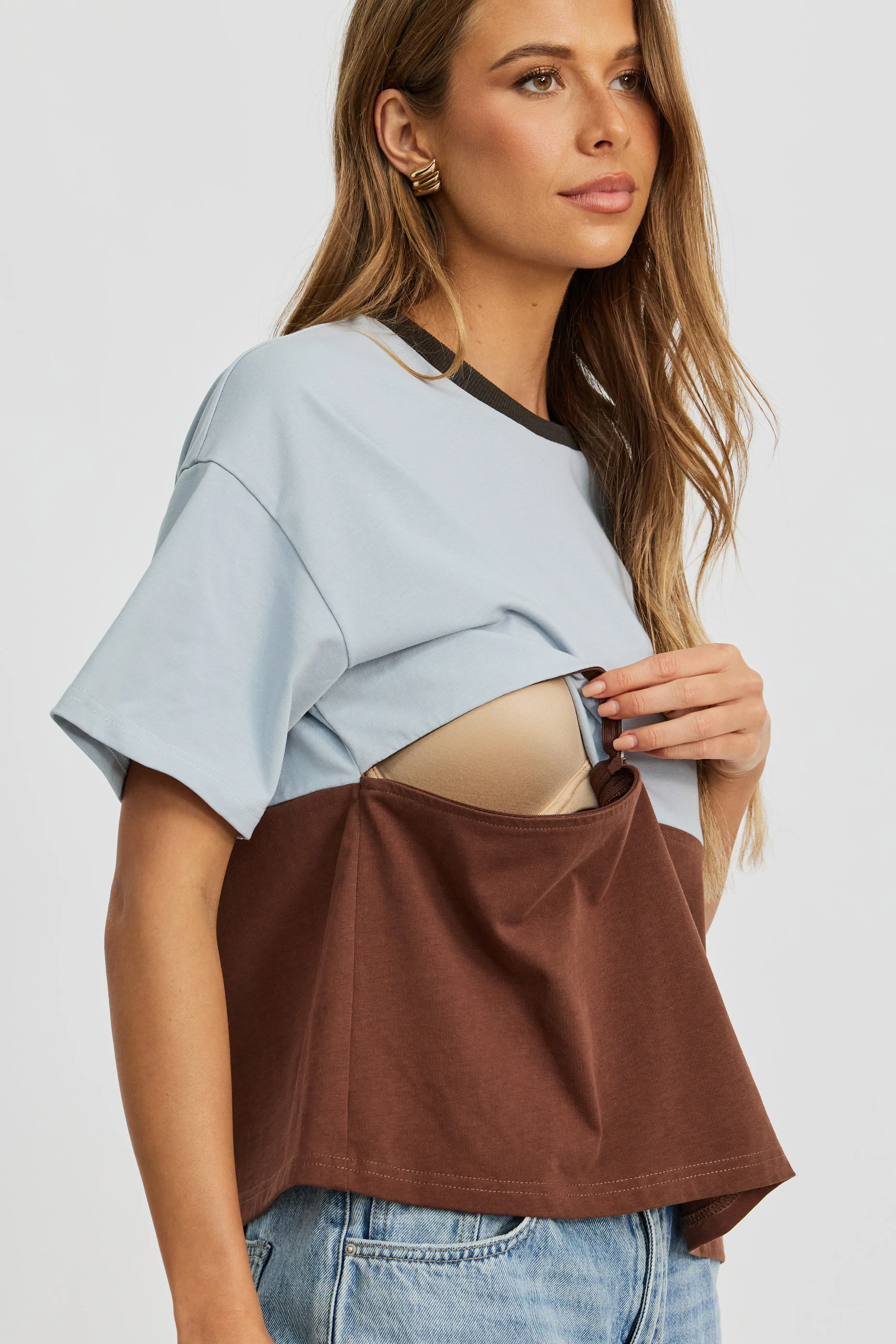 Duo Drop-Shoulder Panel Tee - Brown / Baby Blue - Image 2