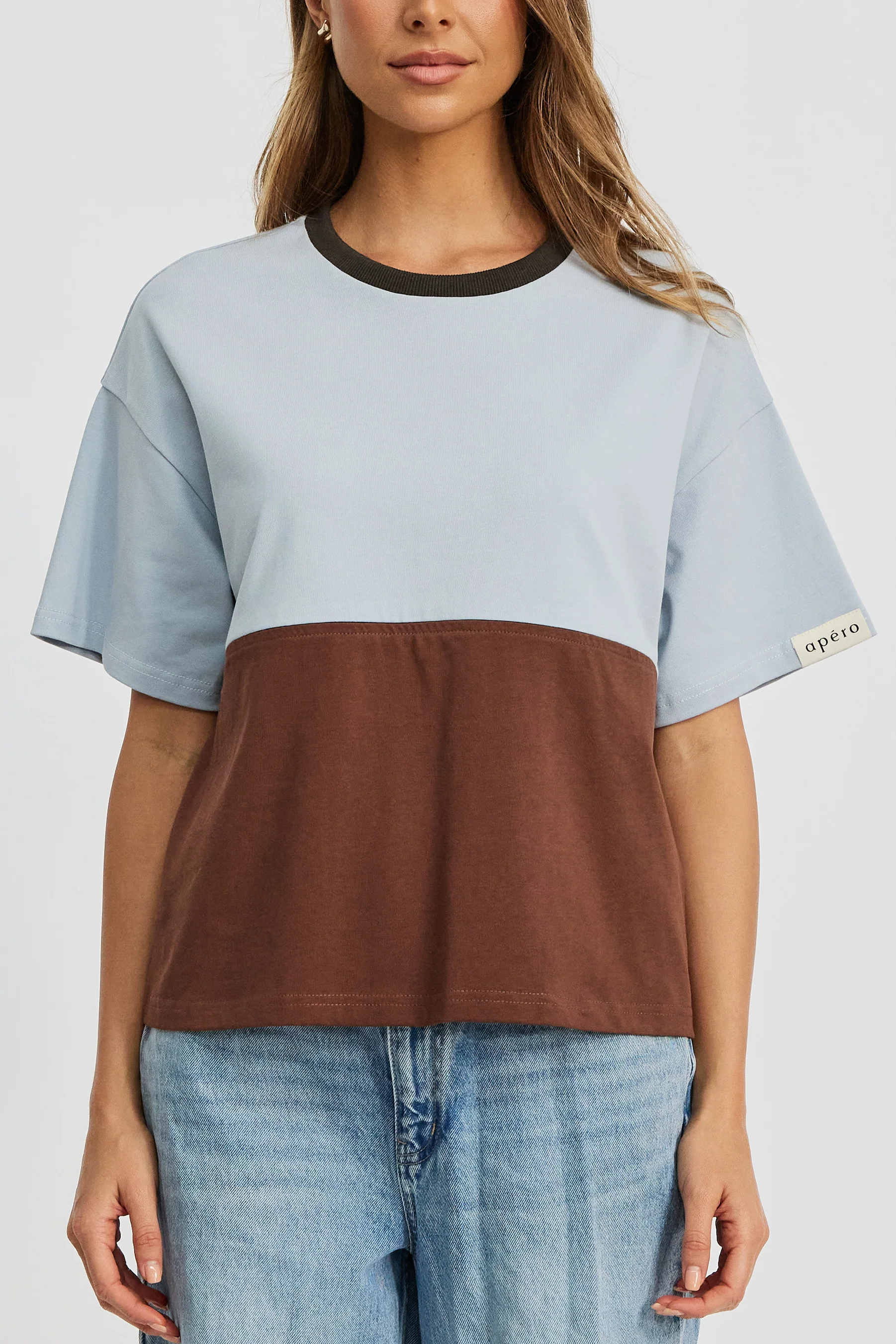 Duo Drop-Shoulder Panel Tee - Brown / Baby Blue - Image 3