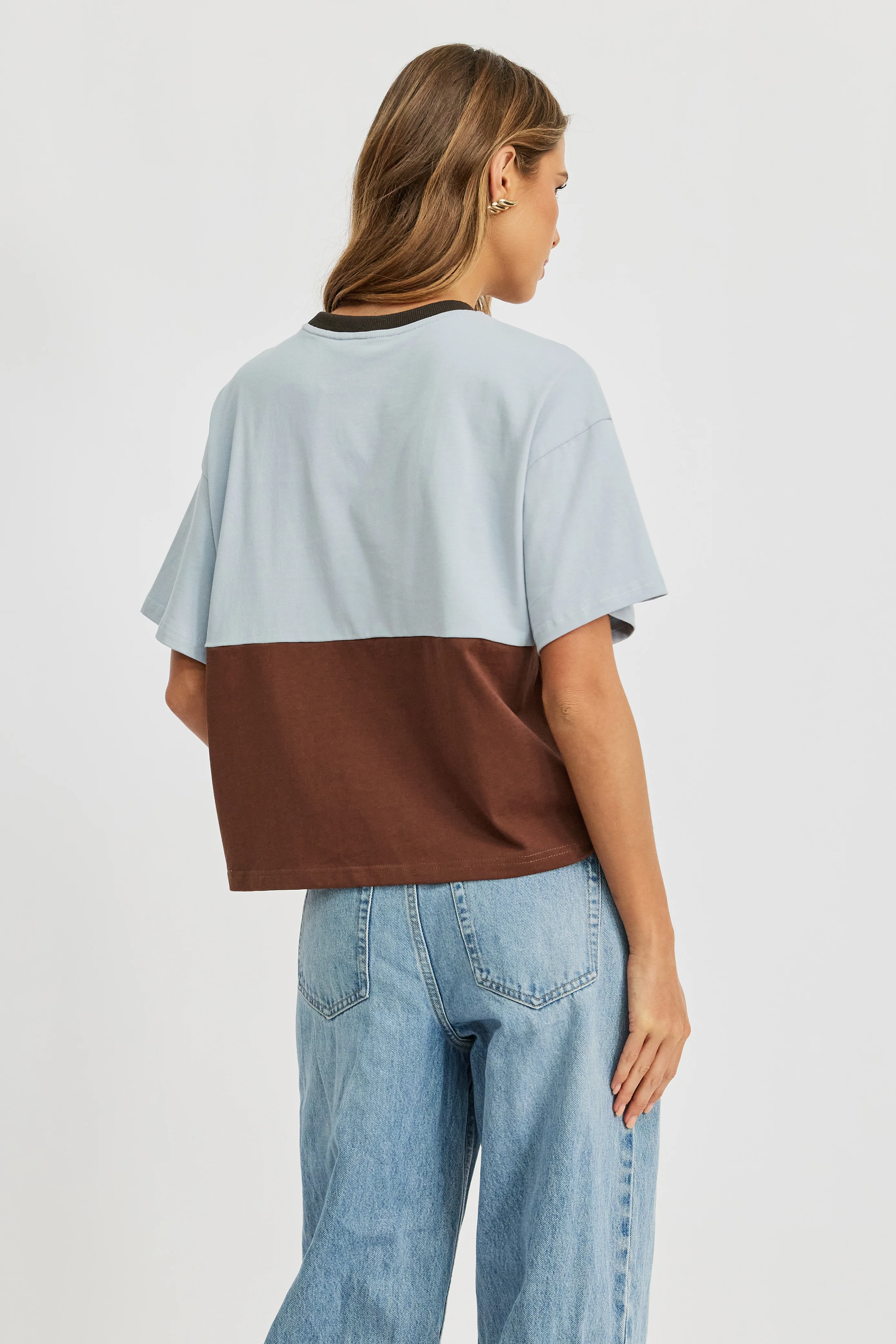 Duo Drop-Shoulder Panel Tee - Brown / Baby Blue - Image 5