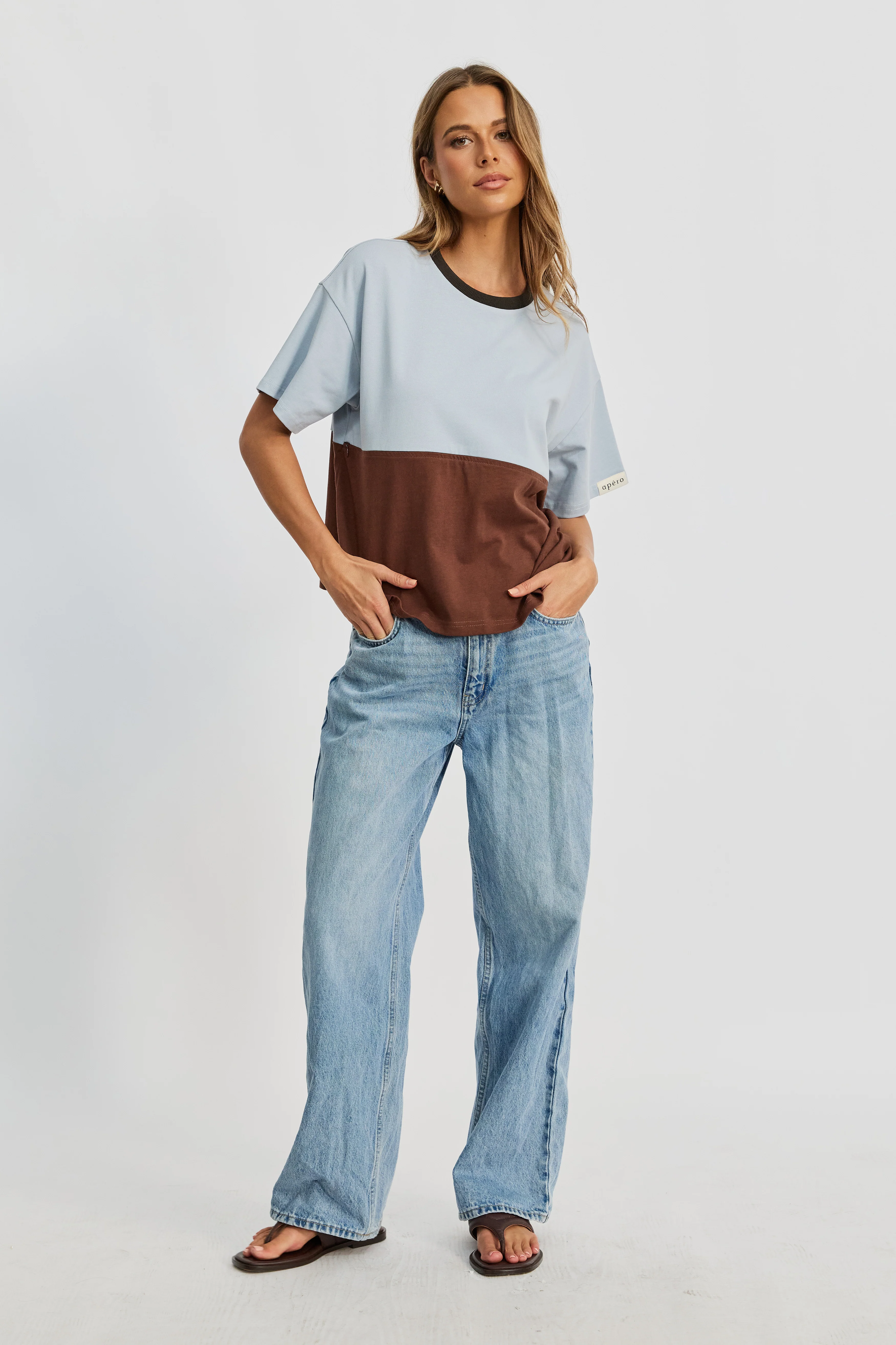 Duo Drop-Shoulder Panel Tee - Brown / Baby Blue - Image 7