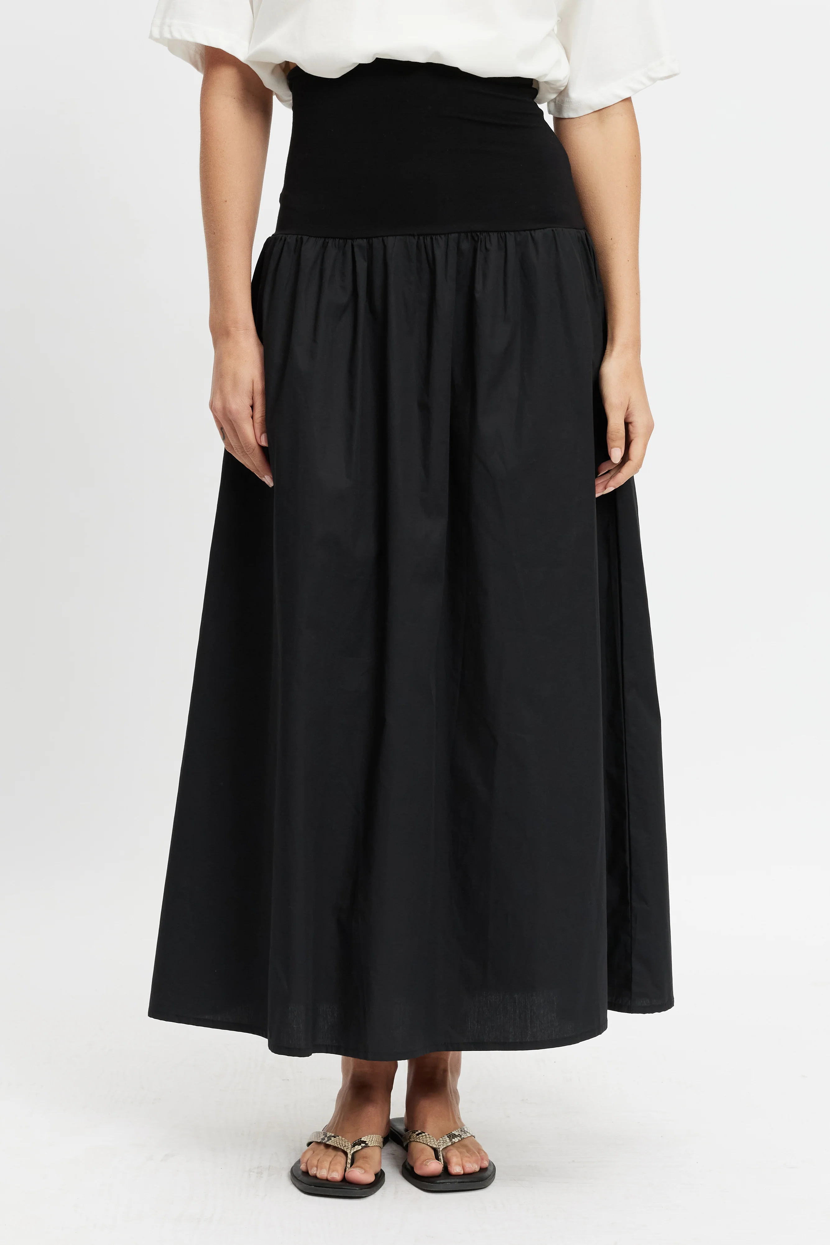 Emmy Drop-Waist Jersey Poplin Midi Skirt - Black - Image 3