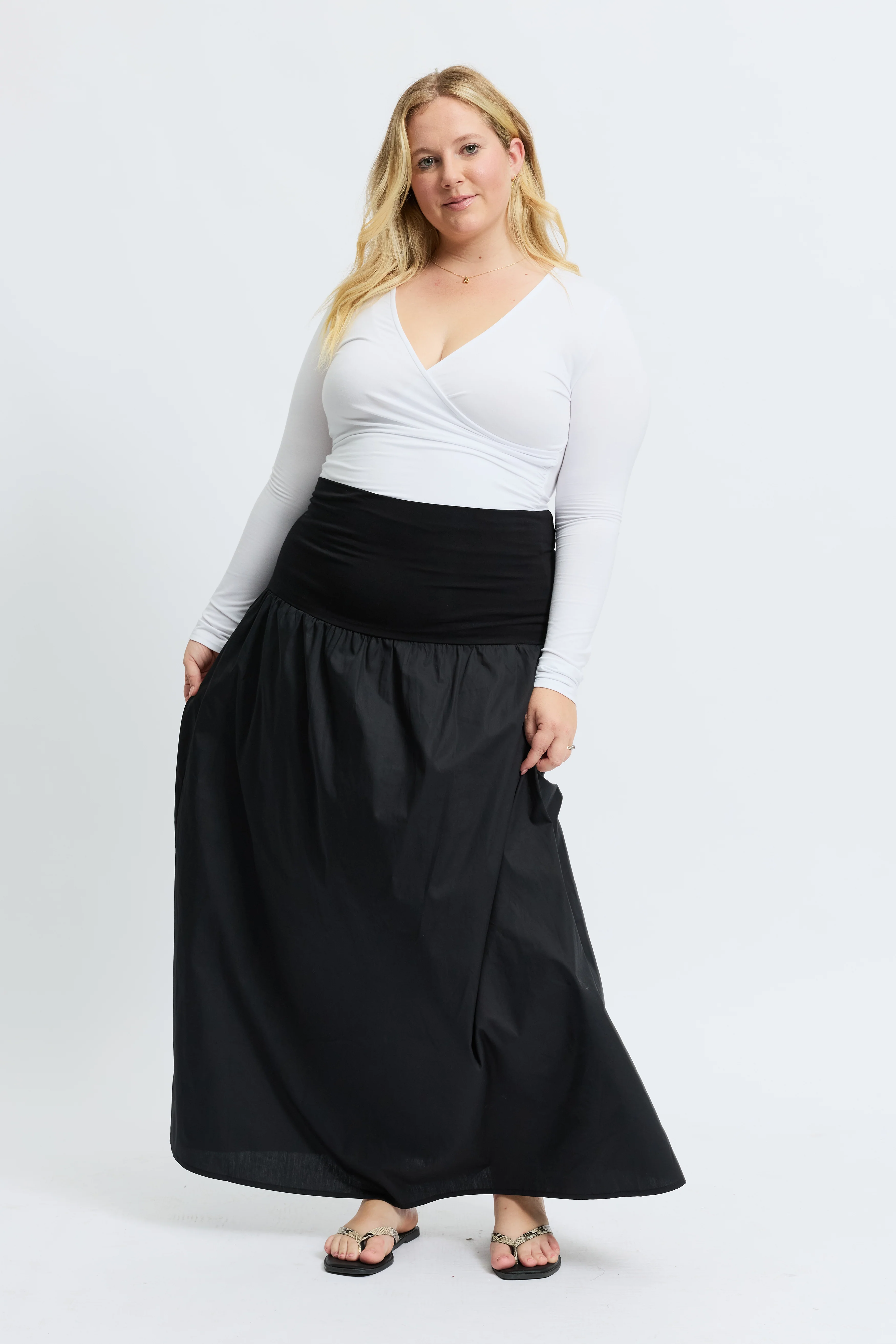 Emmy Drop-Waist Jersey Poplin Midi Skirt - Black - Image 5