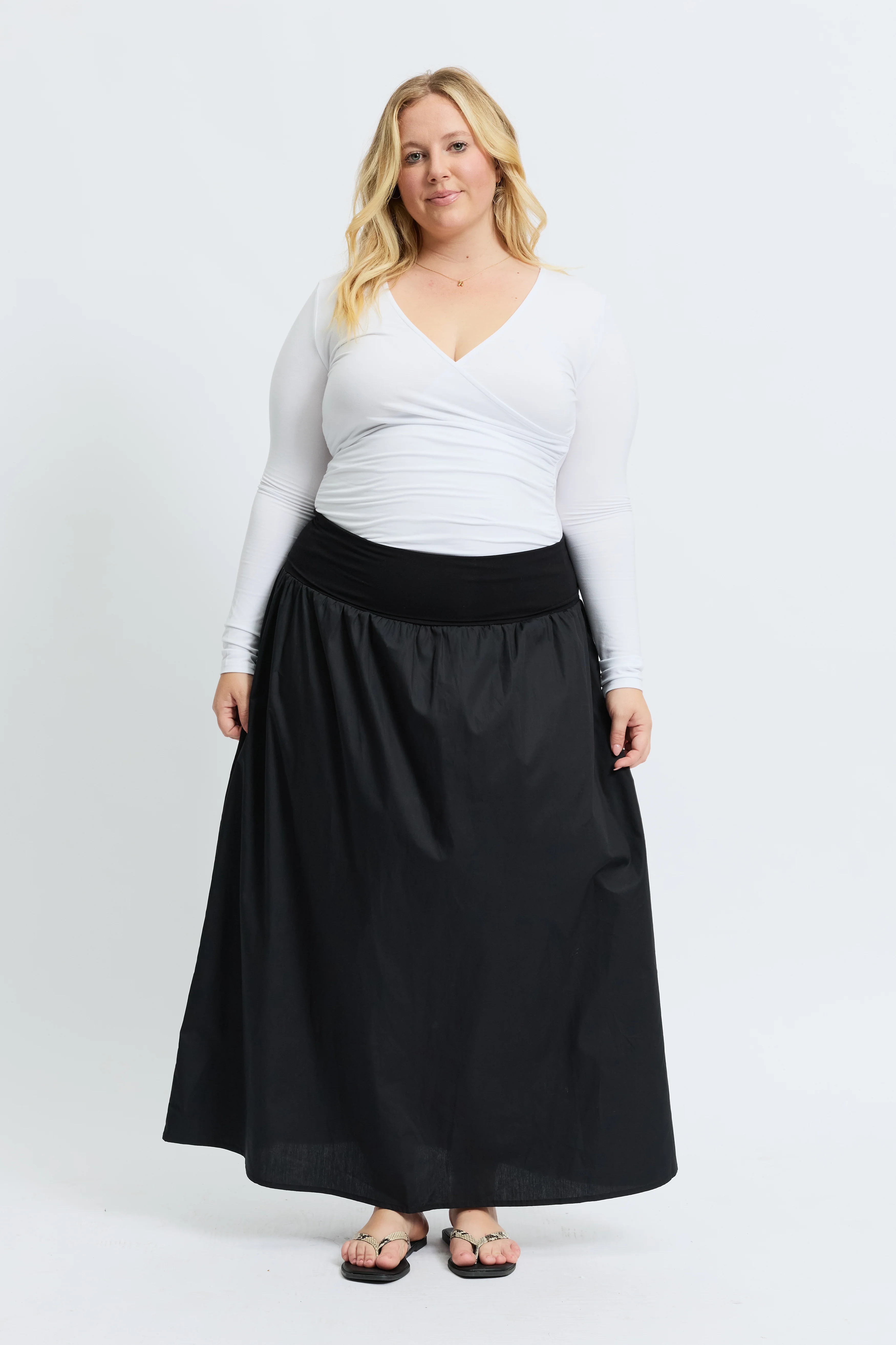 Emmy Drop-Waist Jersey Poplin Midi Skirt - Black - Image 7