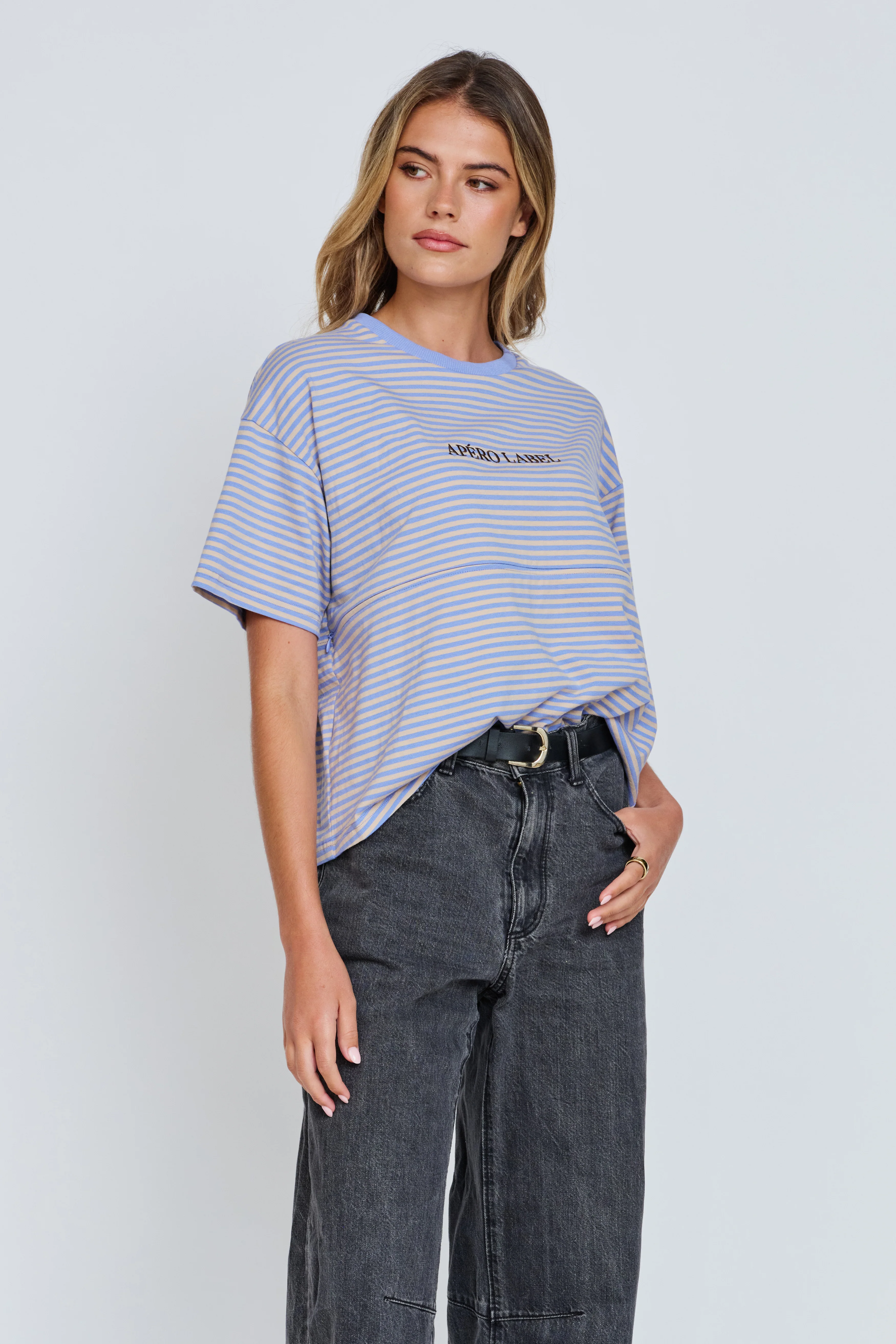 Era Drop-Shoulder Cropped Tee - Blue / Beige - Image 4
