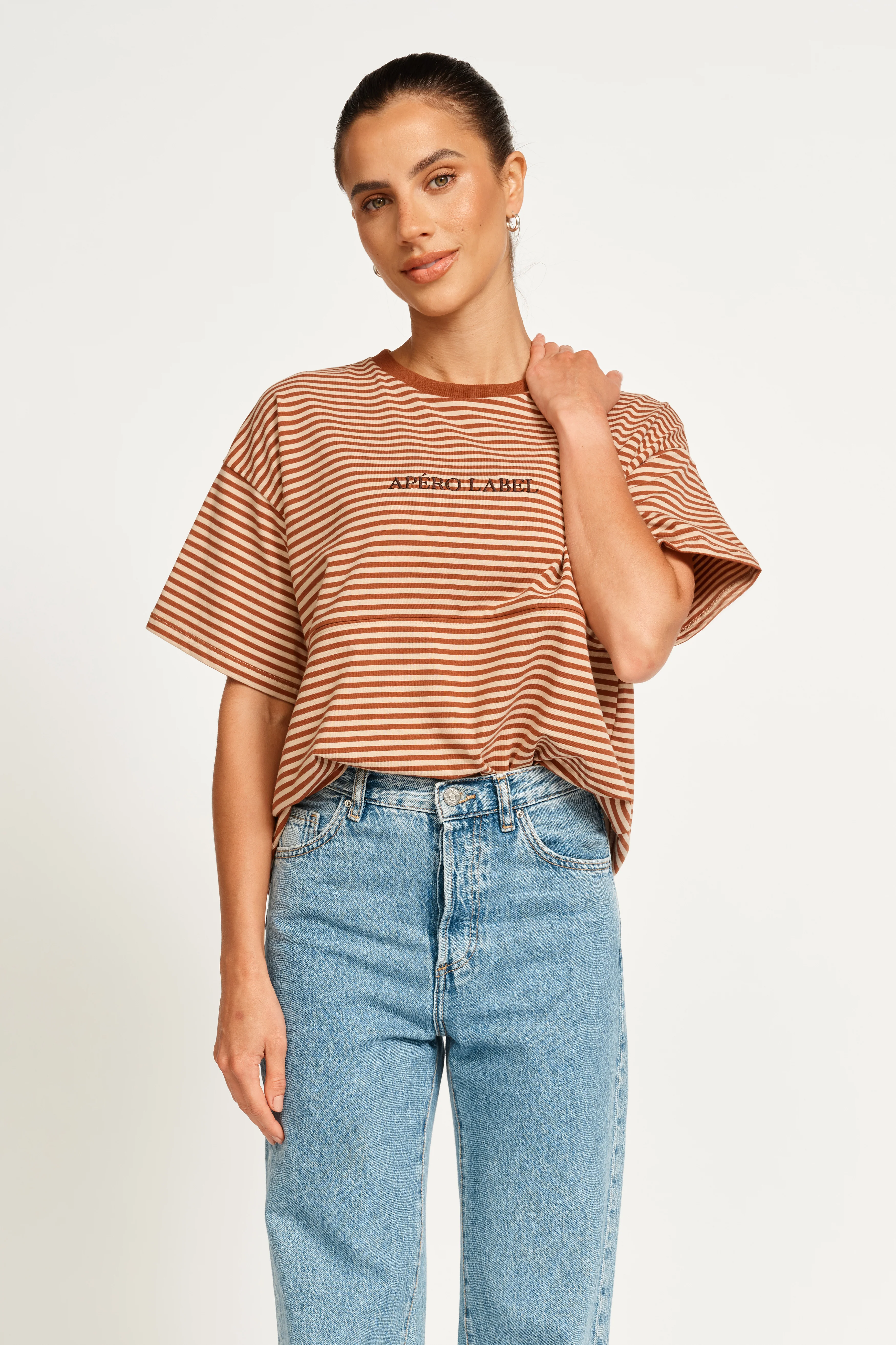 Era Drop-Shoulder Cropped Tee - Brown / Tan Stripe - Image 10