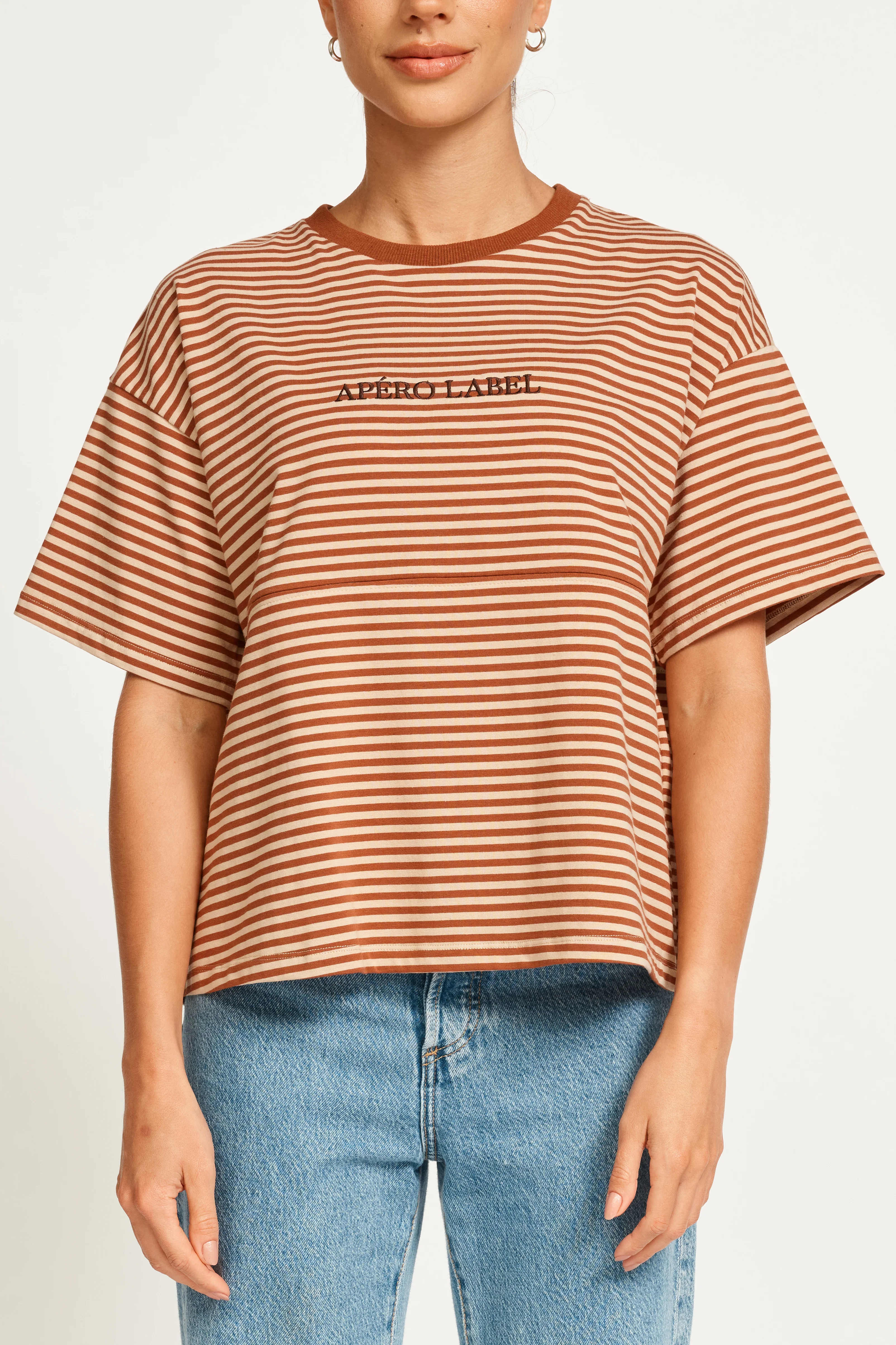 Era Drop-Shoulder Cropped Tee - Brown / Tan Stripe - Image 3