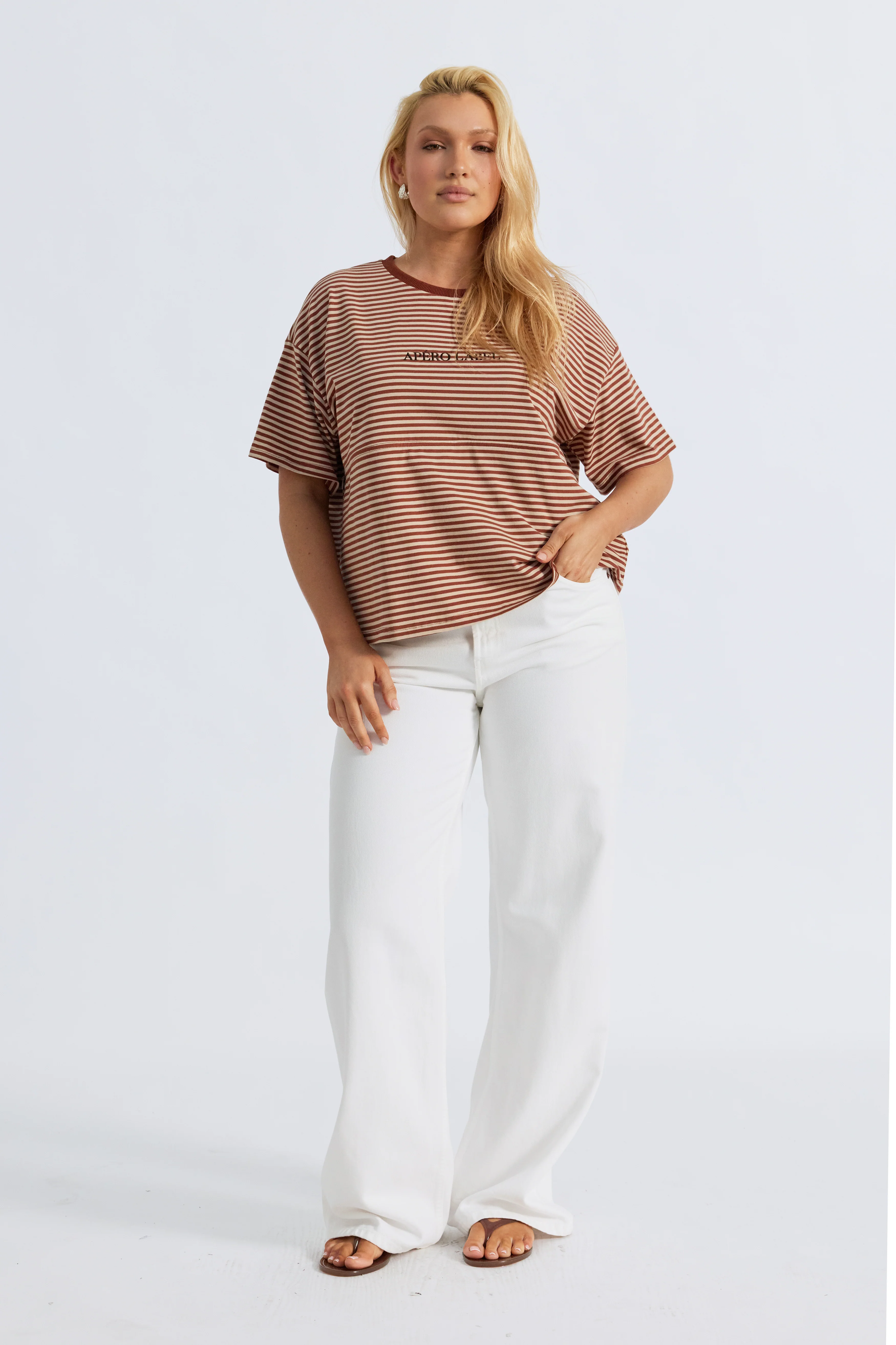 Era Drop-Shoulder Cropped Tee - Brown / Tan Stripe - Image 4