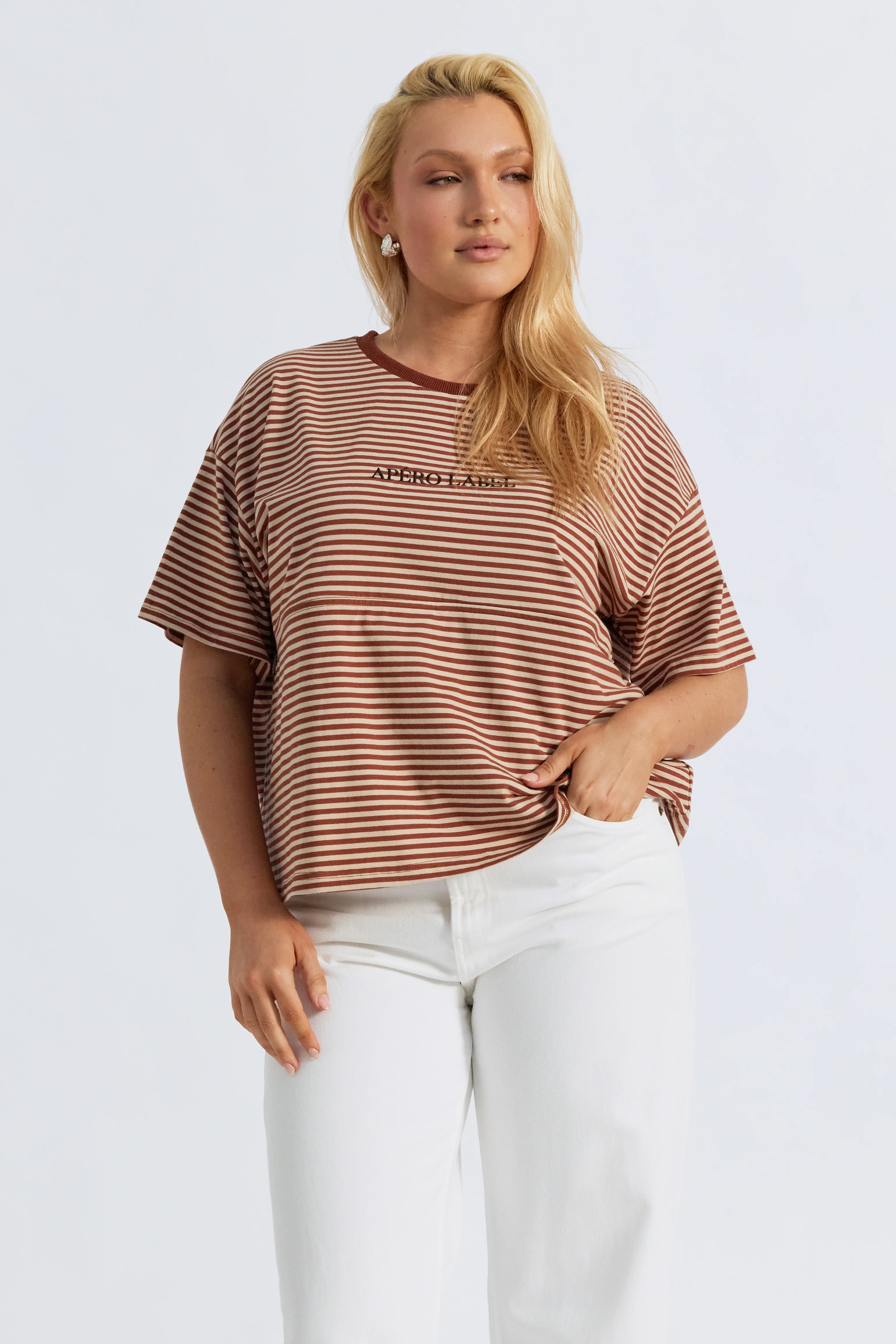 Era Drop-Shoulder Cropped Tee - Brown / Tan Stripe - Image 8