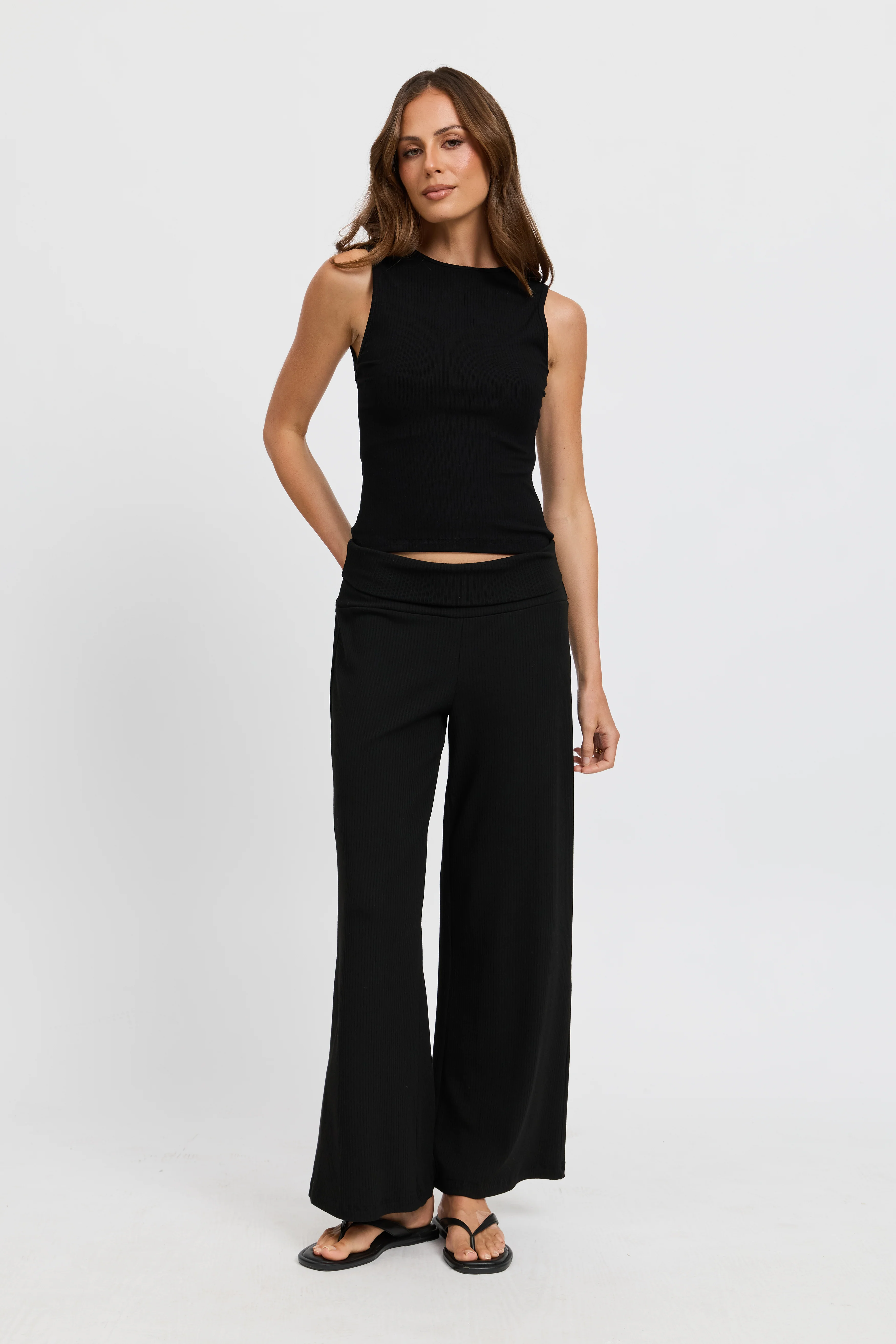 Esta Ribbed Foldover Waist Pant - Black - Image 10