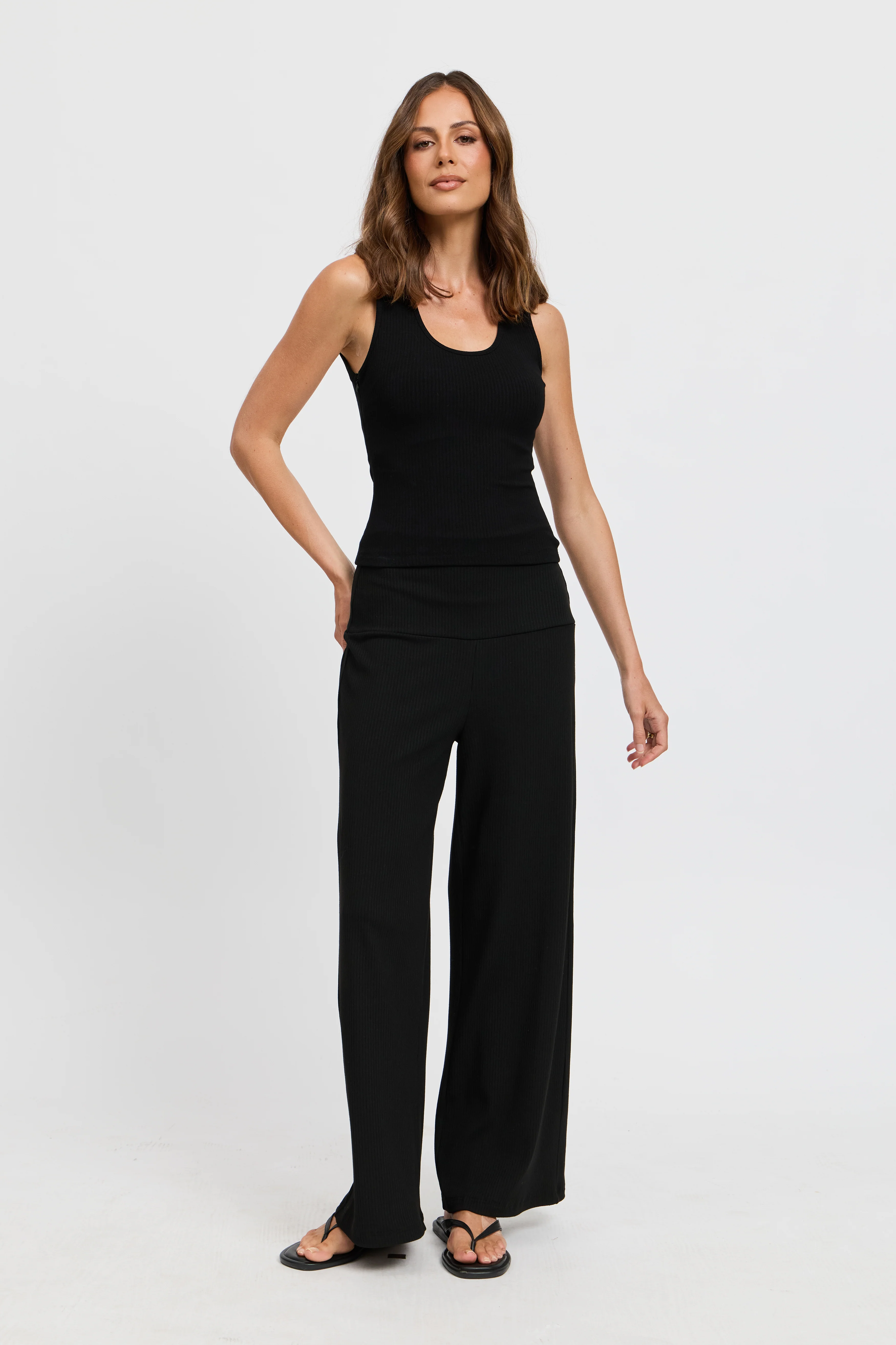 Esta Ribbed Foldover Waist Pant - Black - Image 4