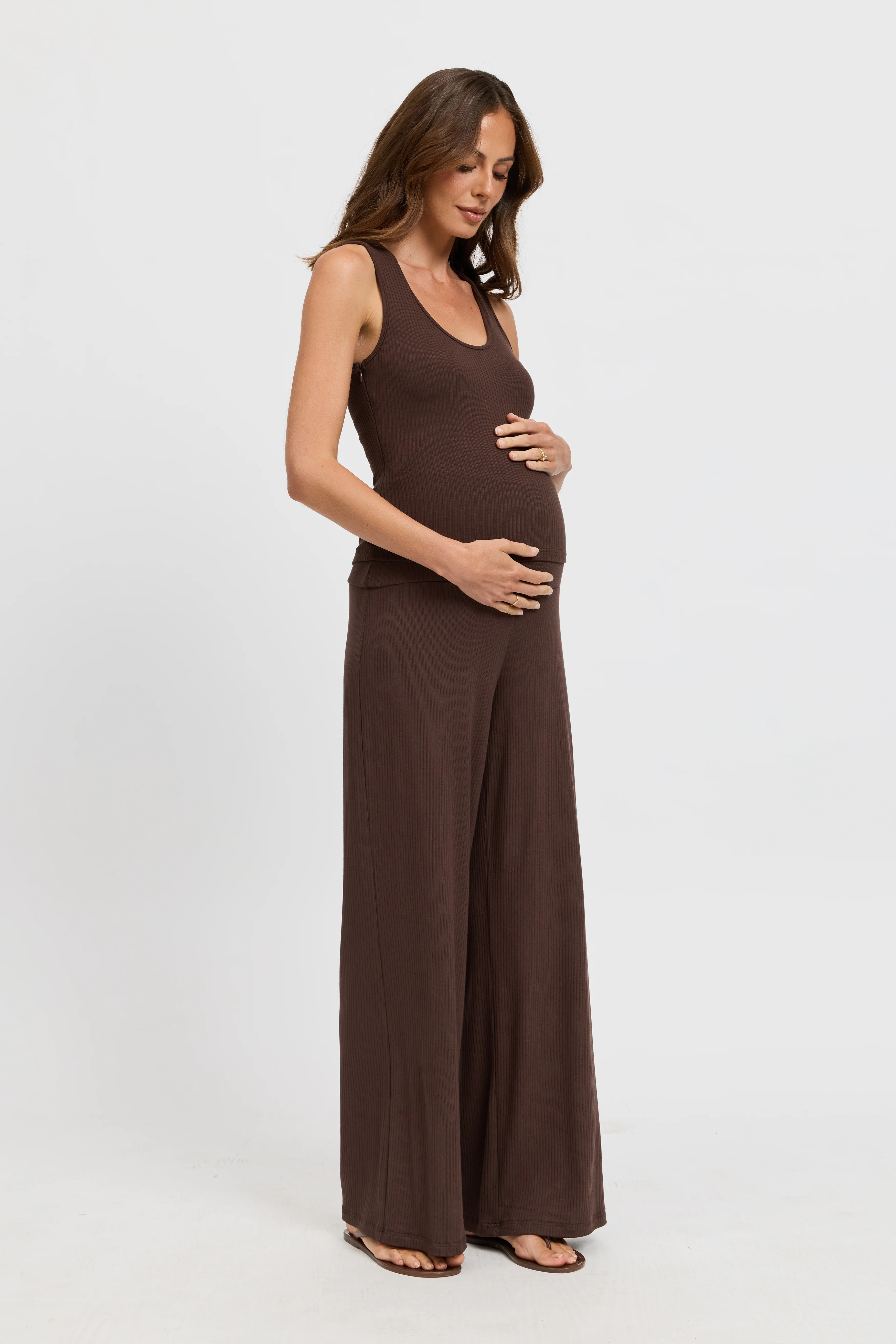 Esta Ribbed Foldover Waist Pant - Chocolate - Image 3