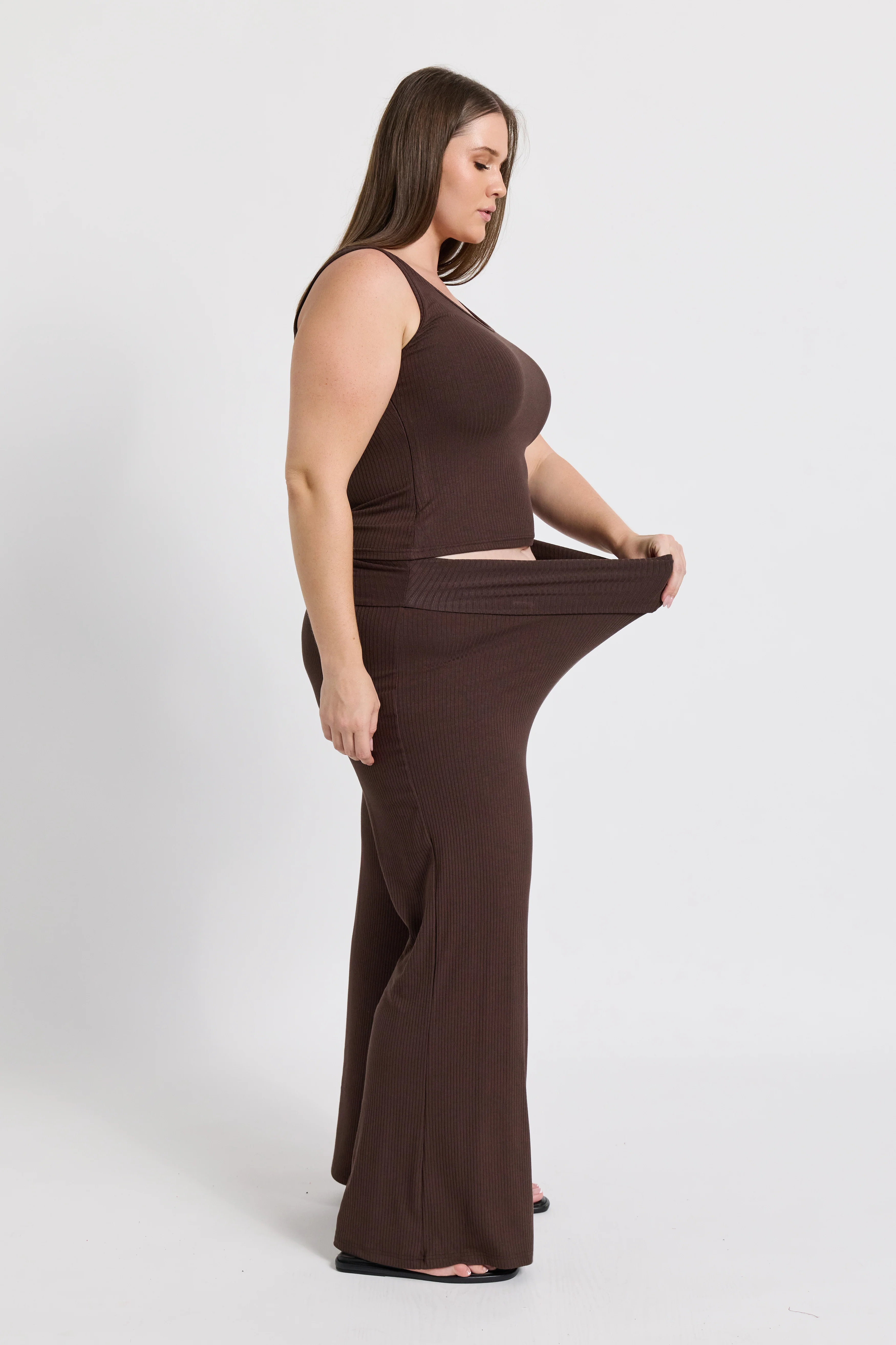 Esta Ribbed Foldover Waist Pant - Chocolate - Image 4