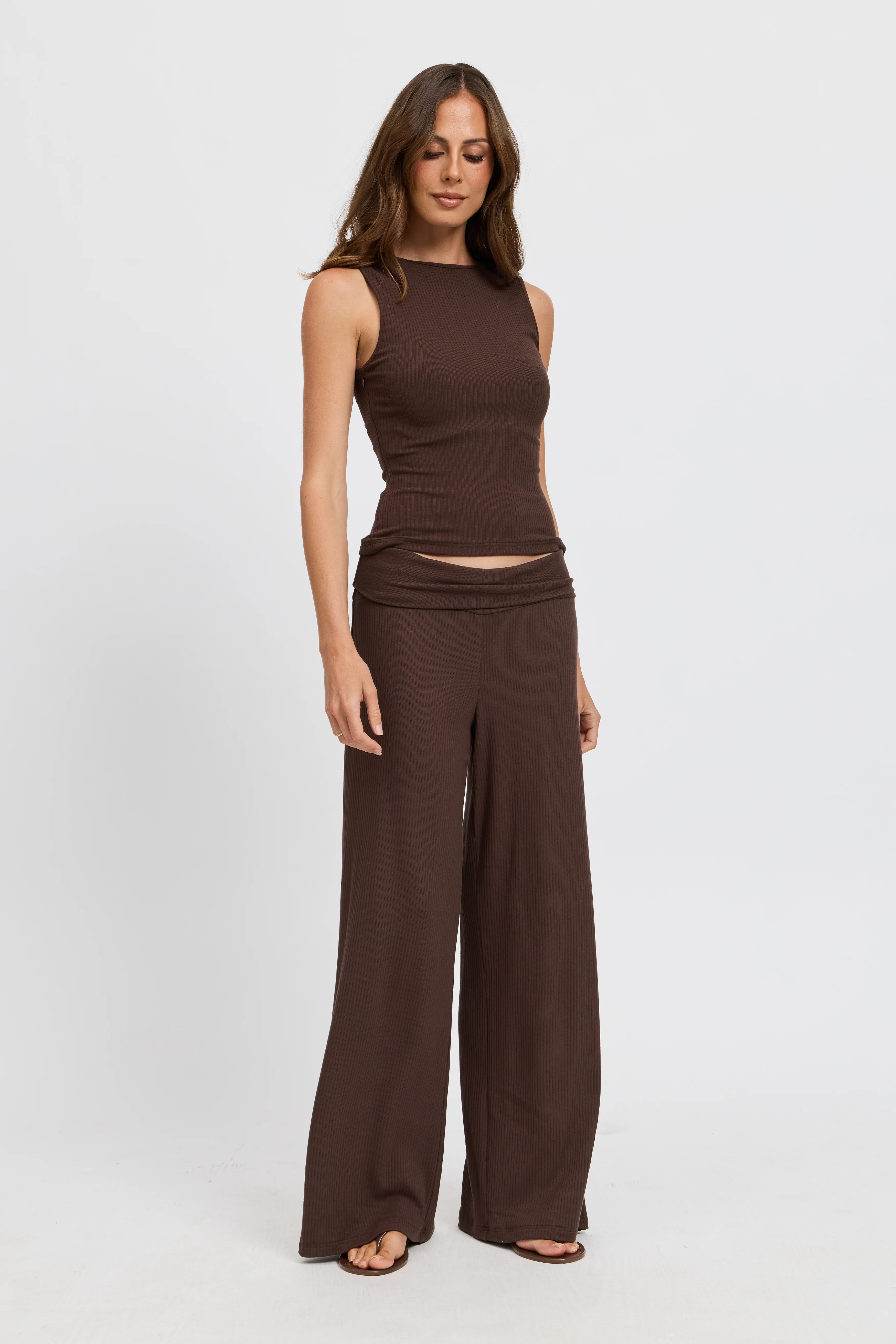 Esta Ribbed Foldover Waist Pant - Chocolate - Image 5