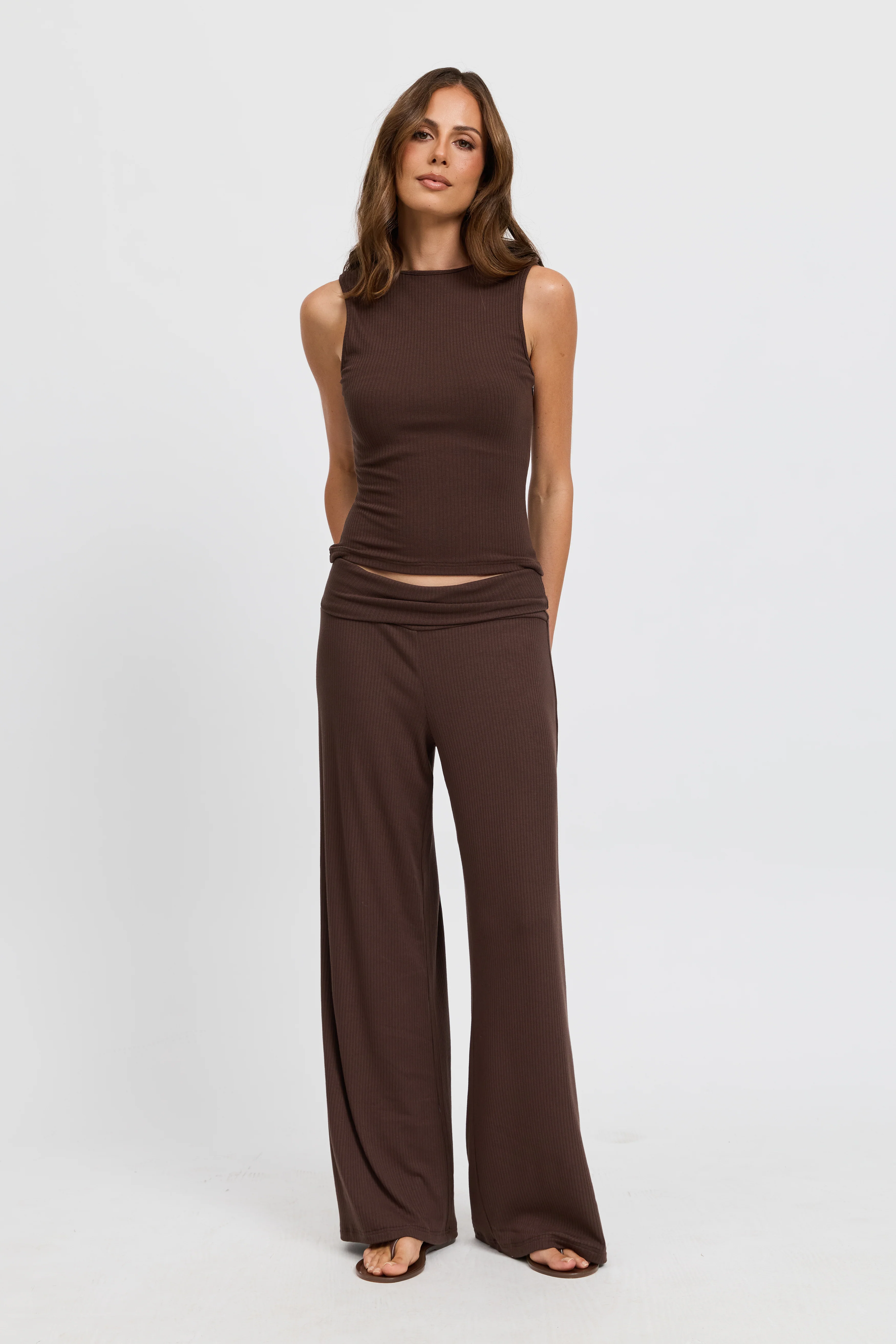 Esta Ribbed Foldover Waist Pant - Chocolate - Image 6