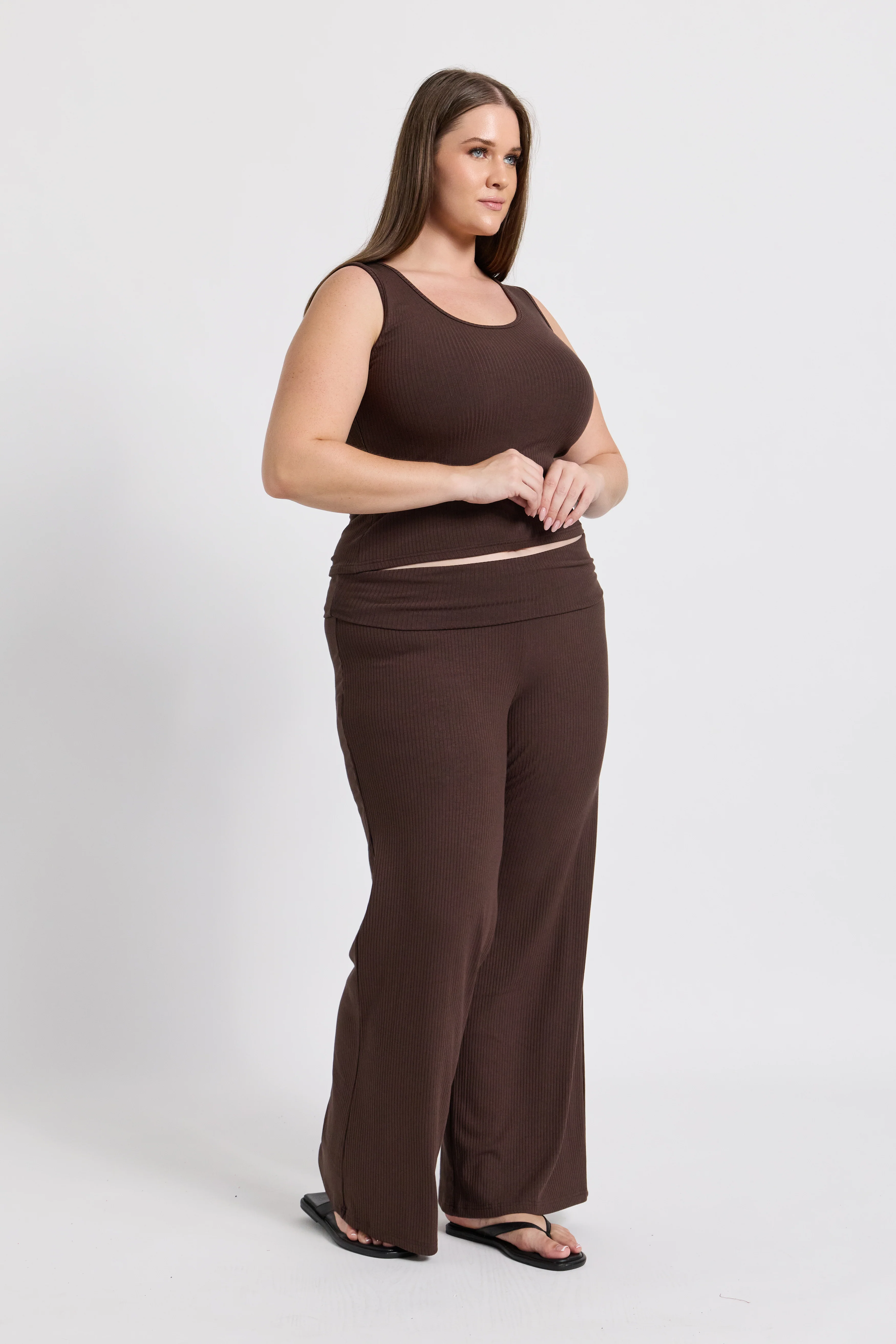 Esta Ribbed Foldover Waist Pant - Chocolate - Image 8