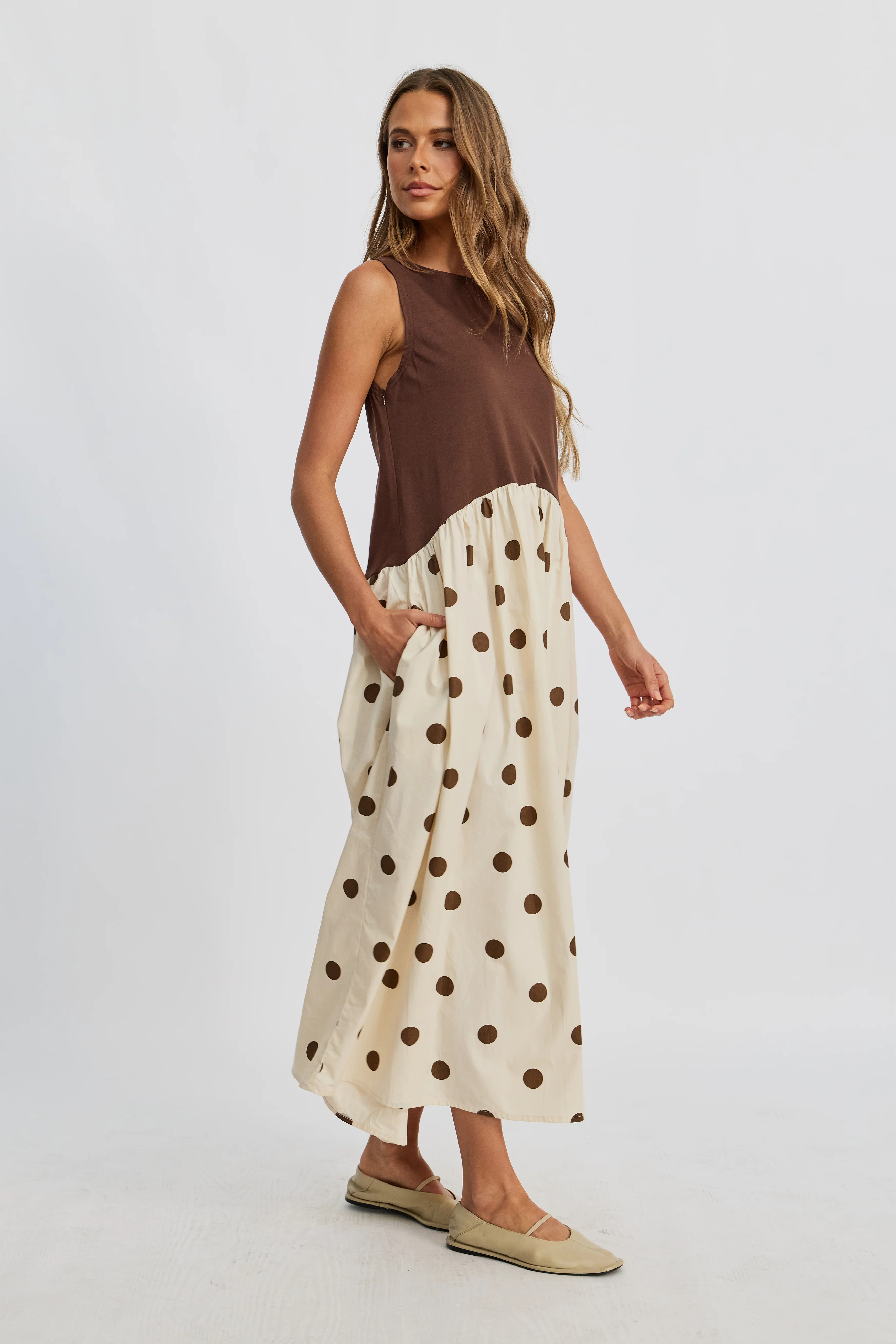 Evelyn Drop-Waist Midi Dress - Cream / Brown Spot - Image 10