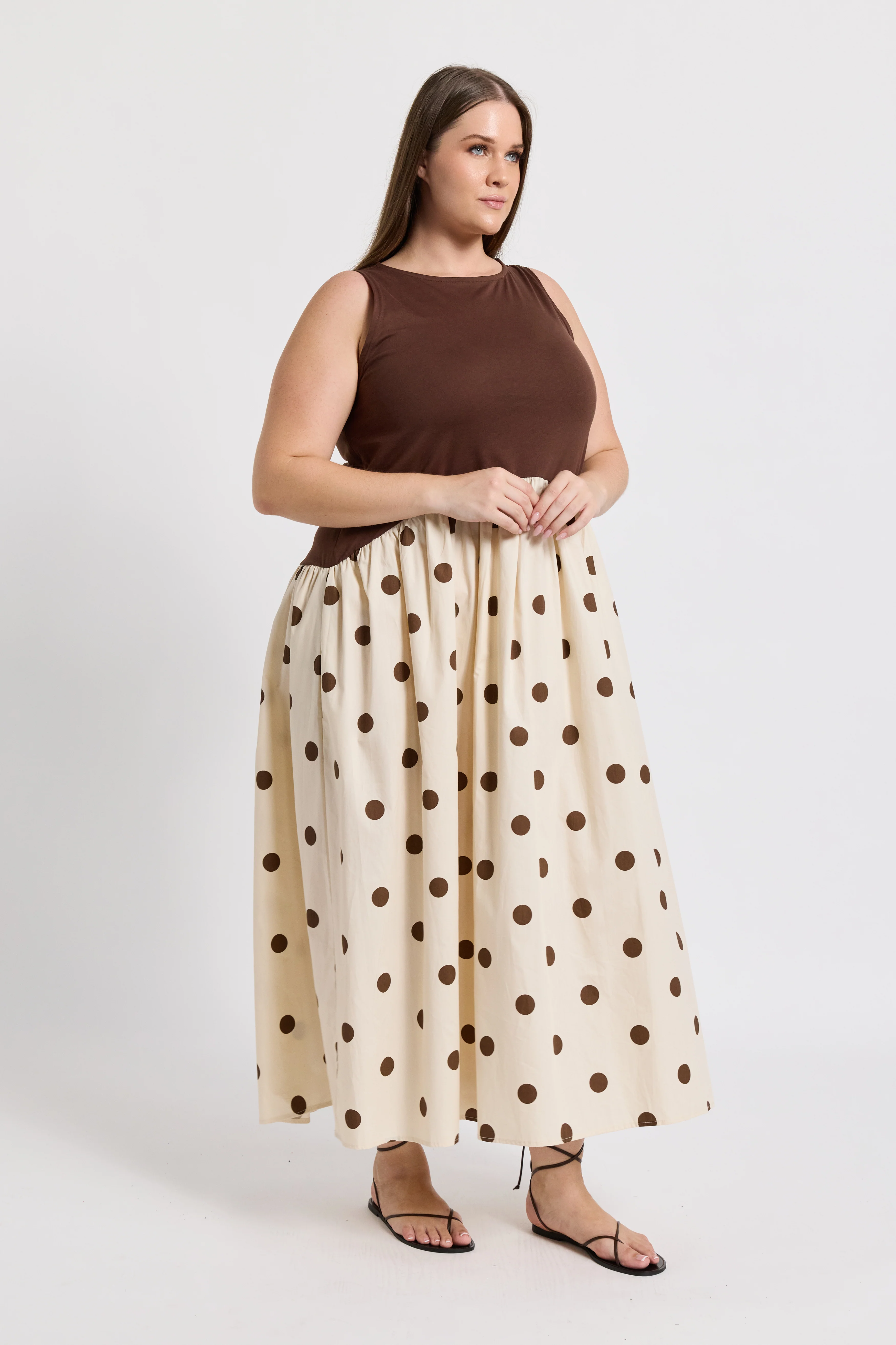 Evelyn Drop-Waist Midi Dress - Cream / Brown Spot - Image 11
