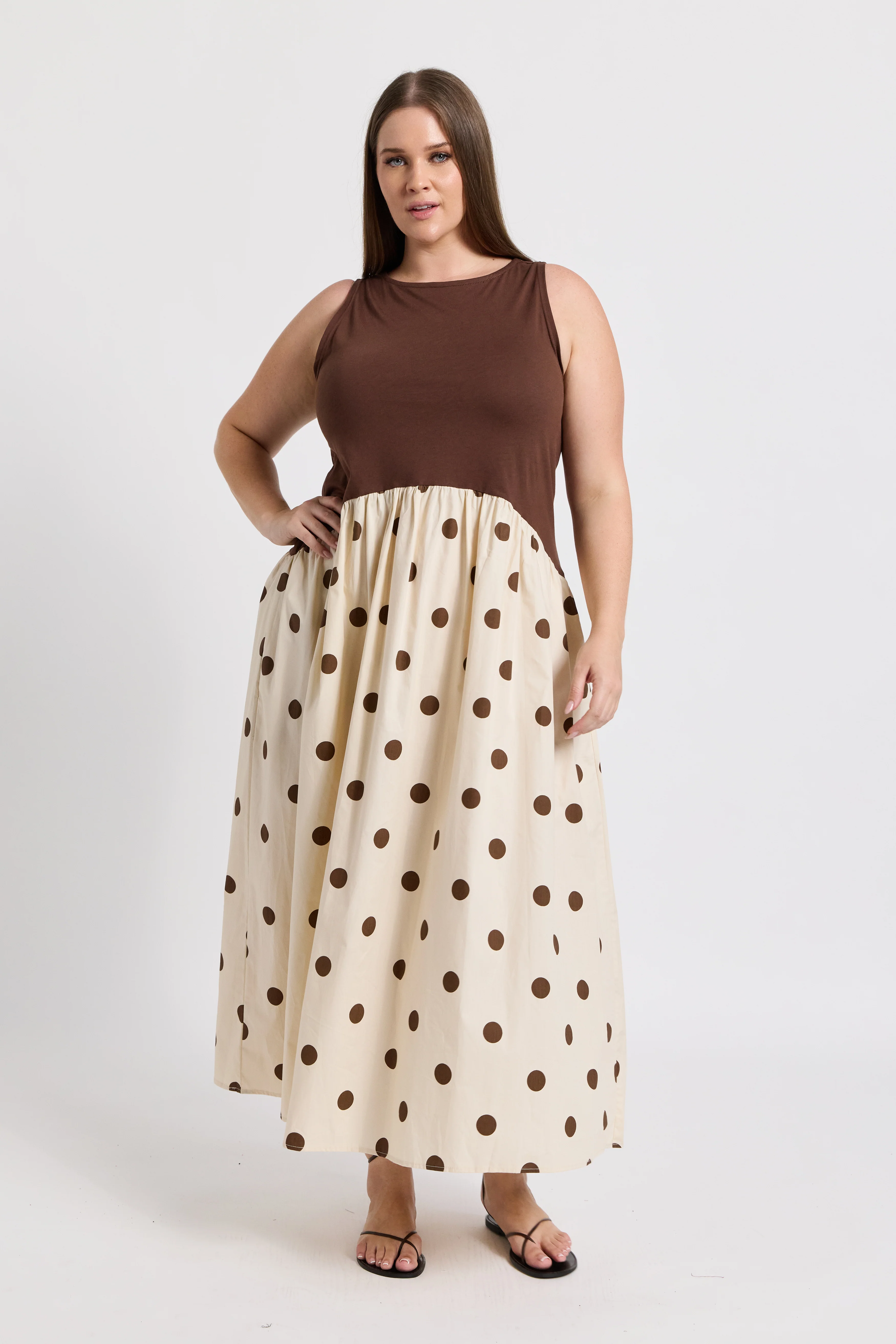 Evelyn Drop-Waist Midi Dress - Cream / Brown Spot - Image 4