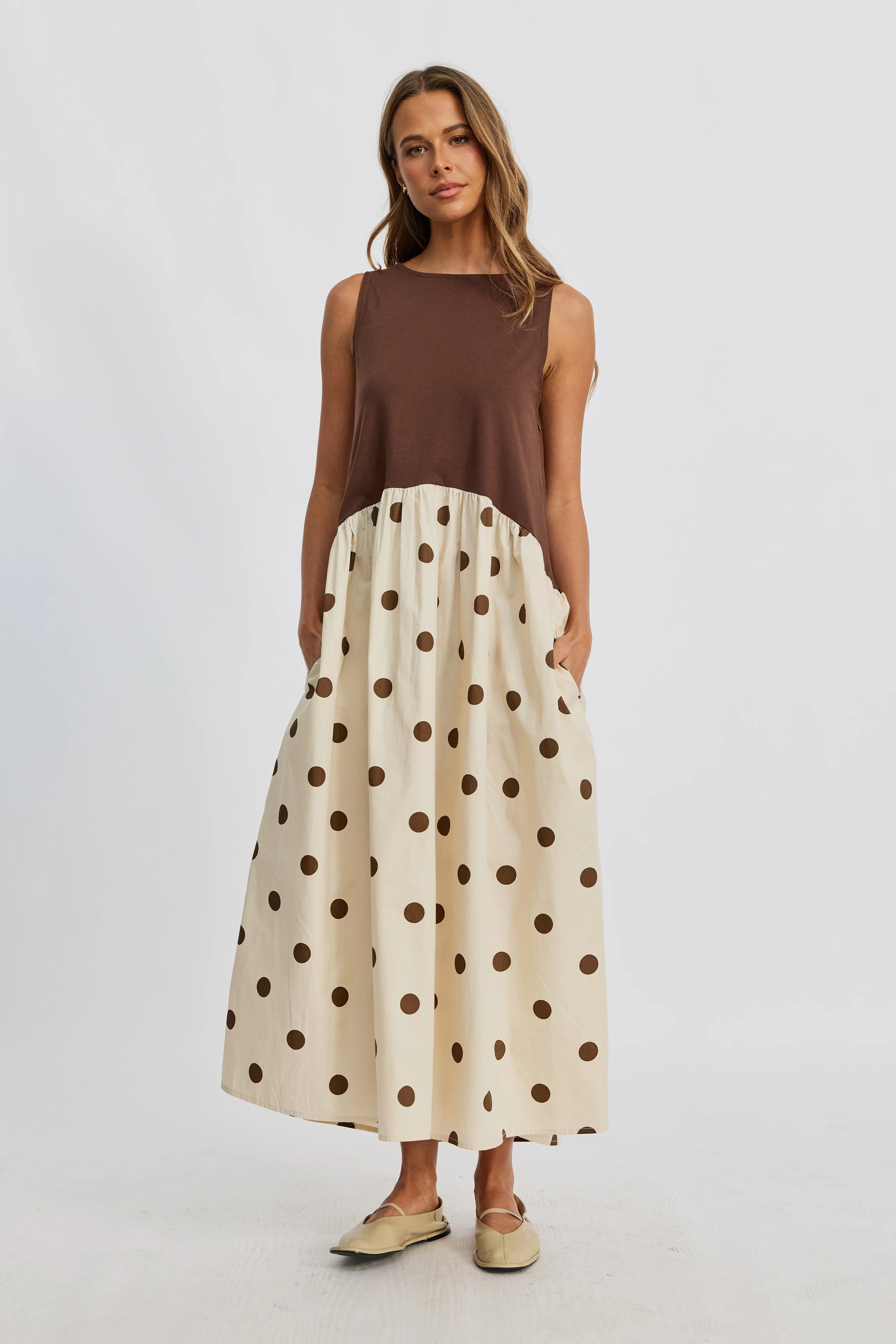 Evelyn Drop-Waist Midi Dress - Cream / Brown Spot - Image 8