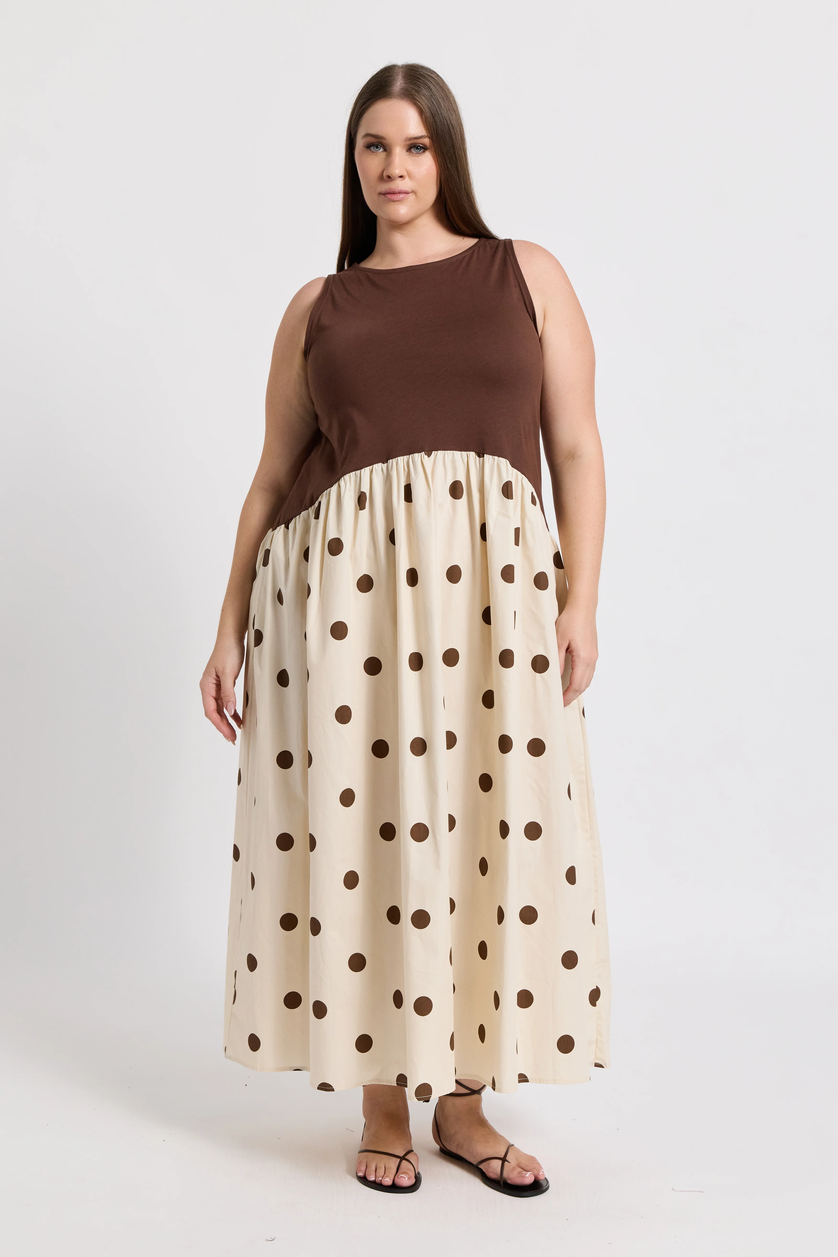 Evelyn Drop-Waist Midi Dress - Cream / Brown Spot - Image 9