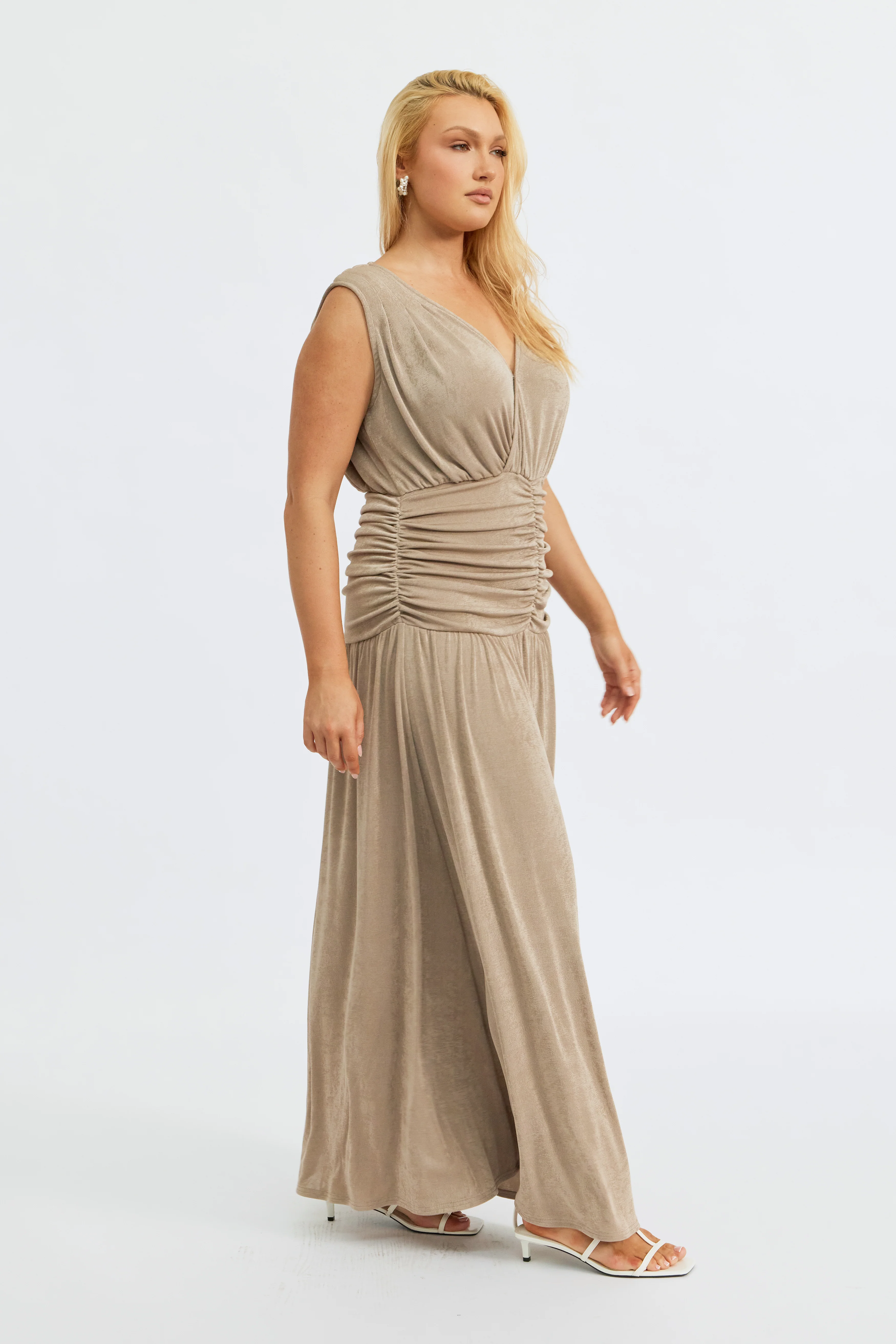 Evette Ruched Wrap-Front Maxi Dress - Champagne - Image 10