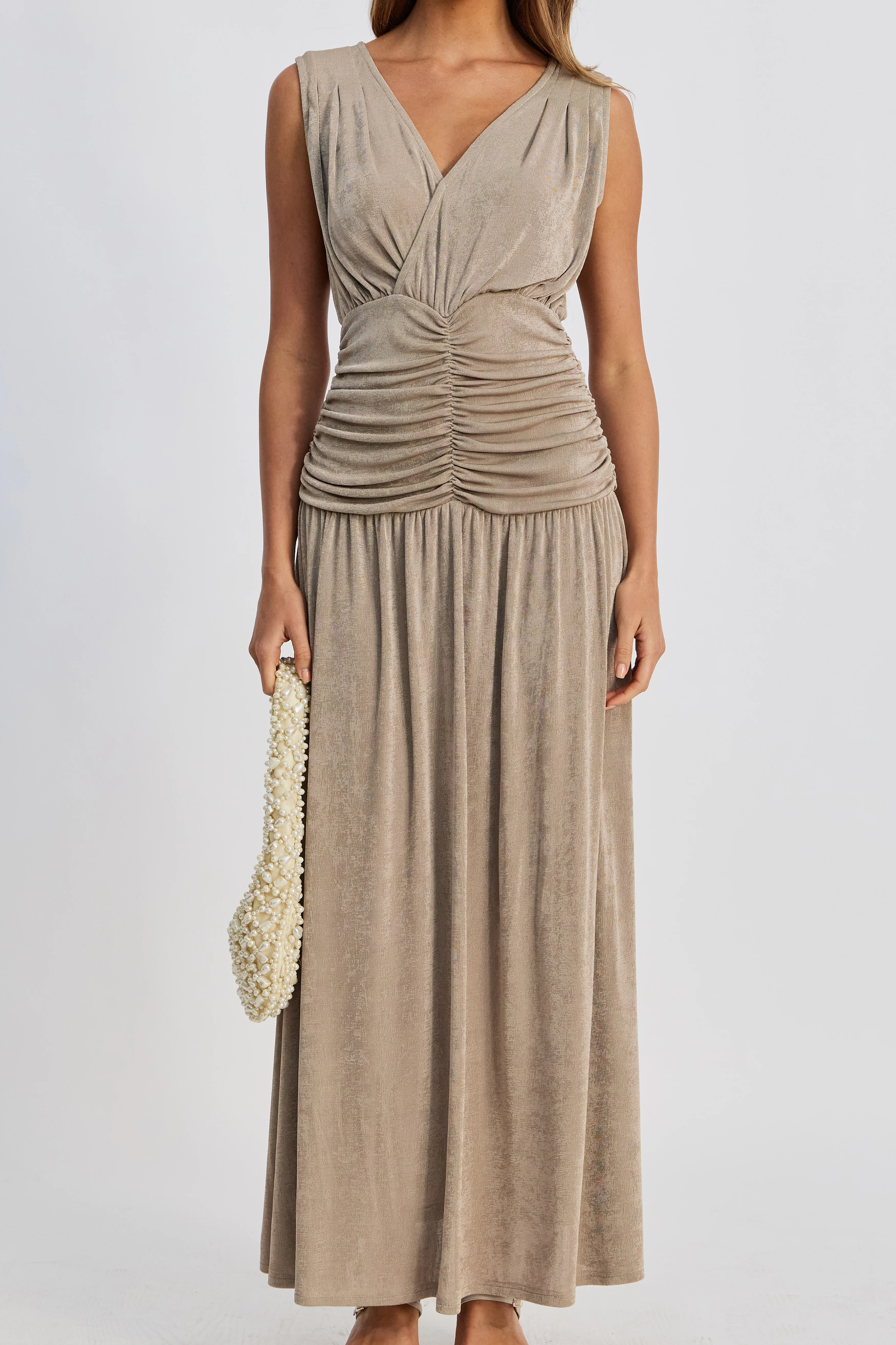 Evette Ruched Wrap-Front Maxi Dress - Champagne - Image 4