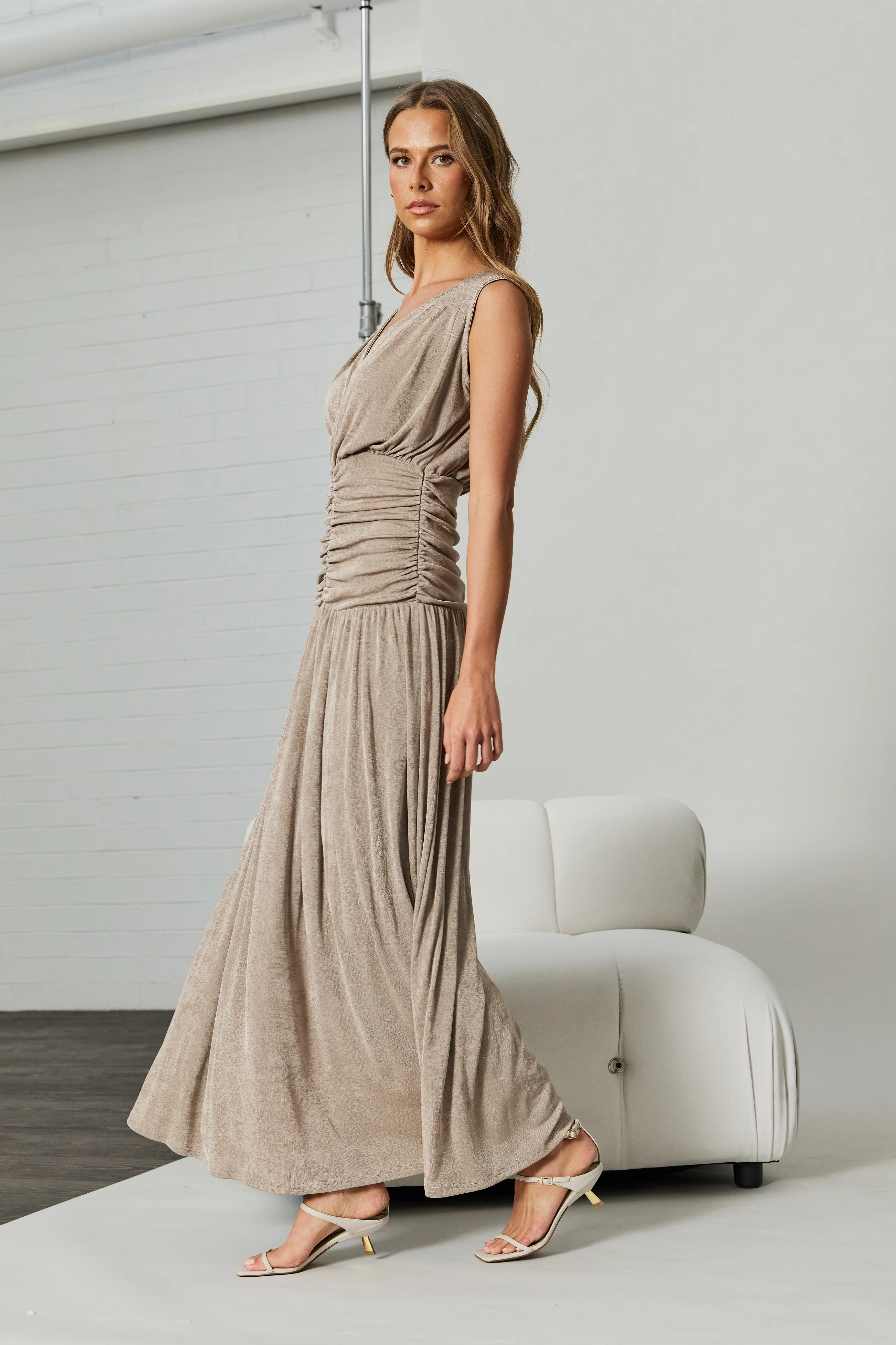 Evette Ruched Wrap-Front Maxi Dress - Champagne - Image 5