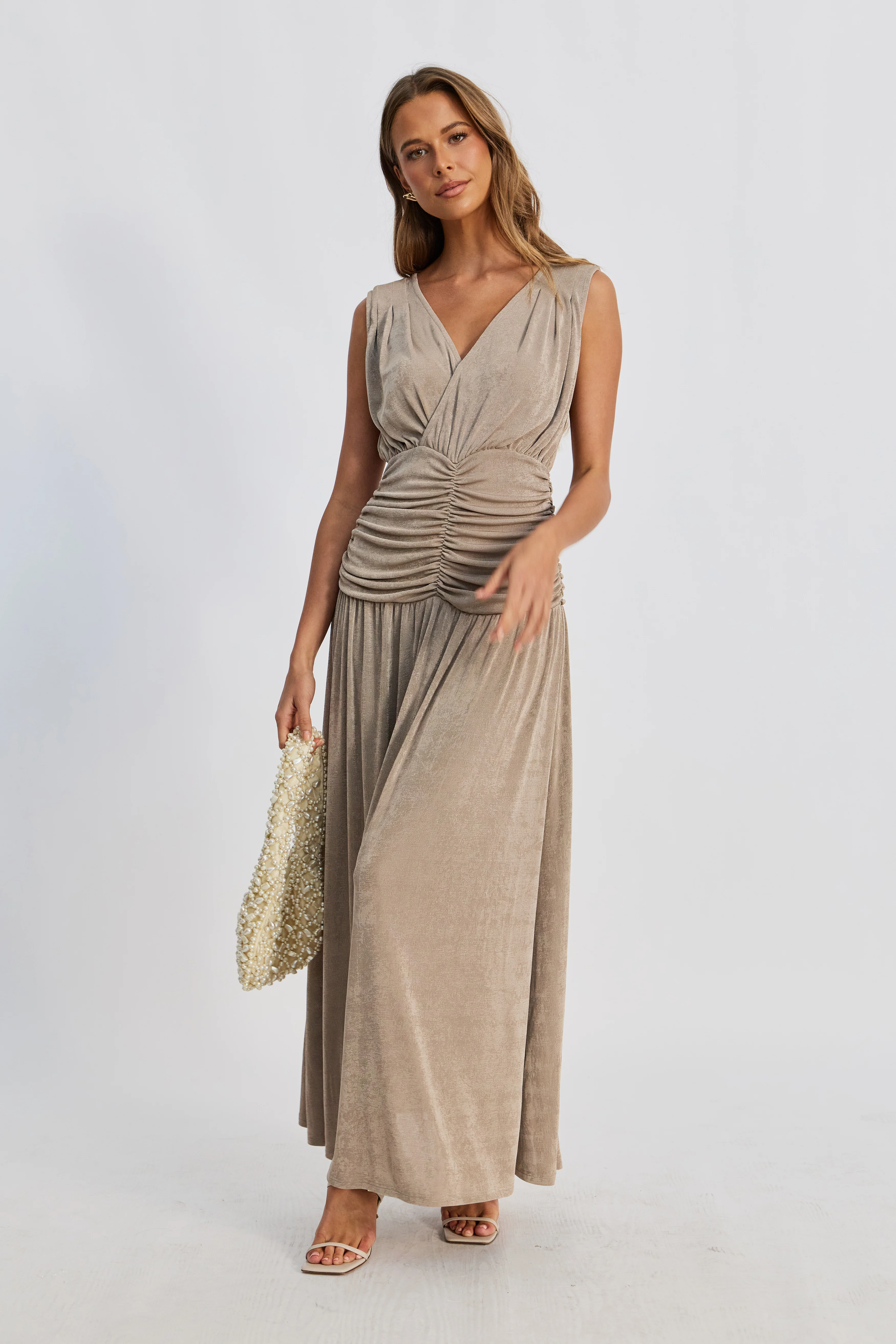 Evette Ruched Wrap-Front Maxi Dress - Champagne - Image 6
