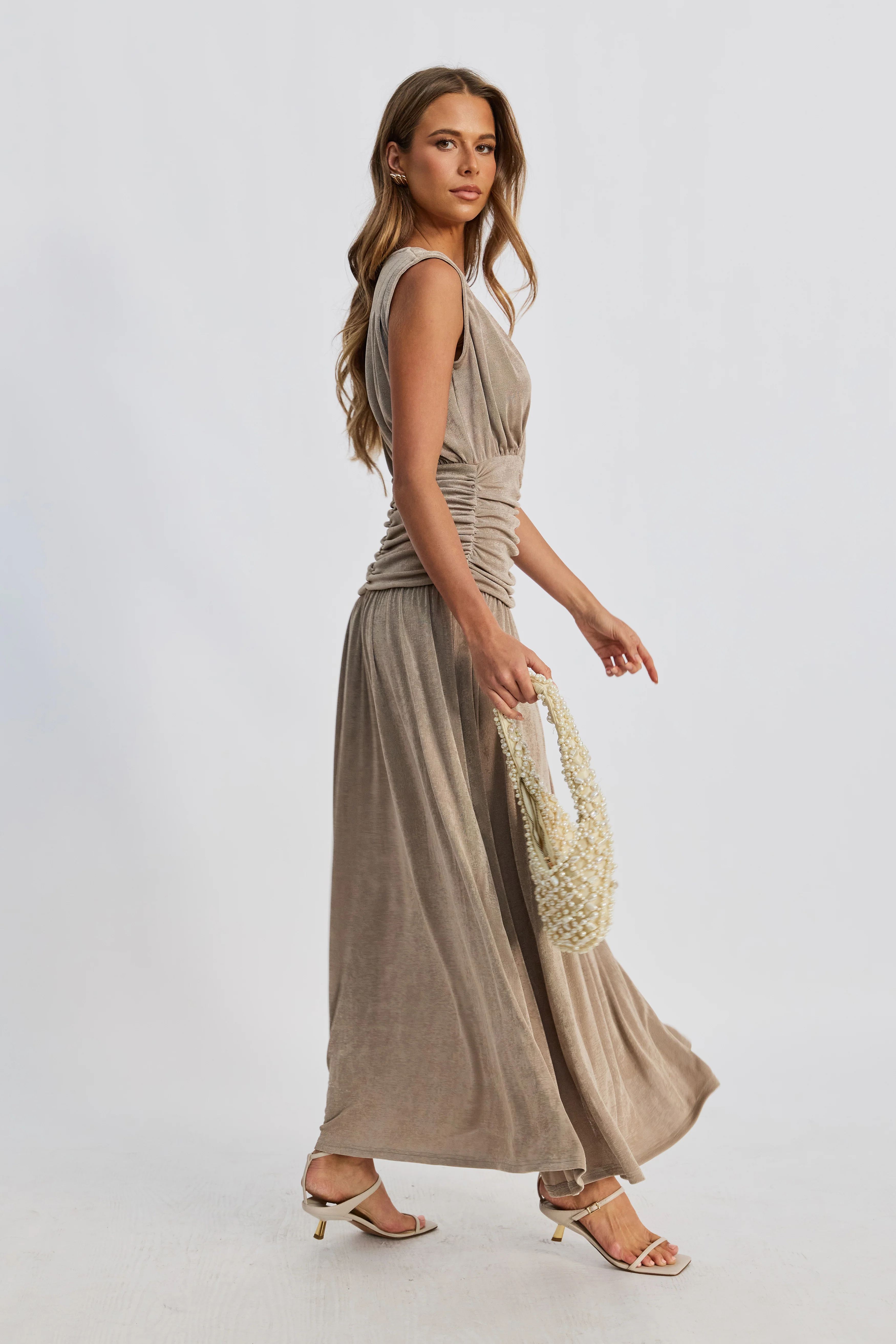 Evette Ruched Wrap-Front Maxi Dress - Champagne - Image 9