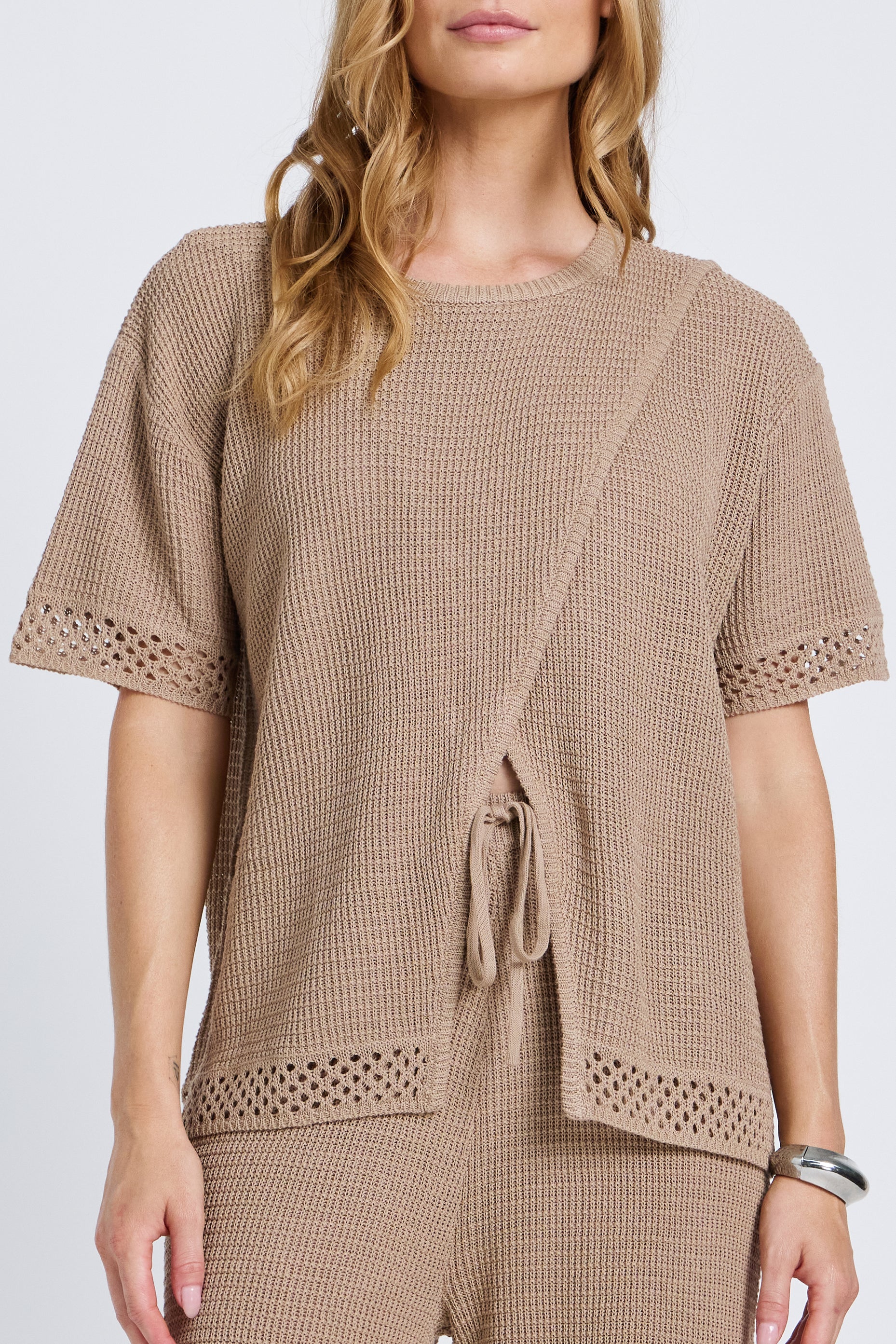 Evi Knit Wrap Tee - Stone Beige - Image 4