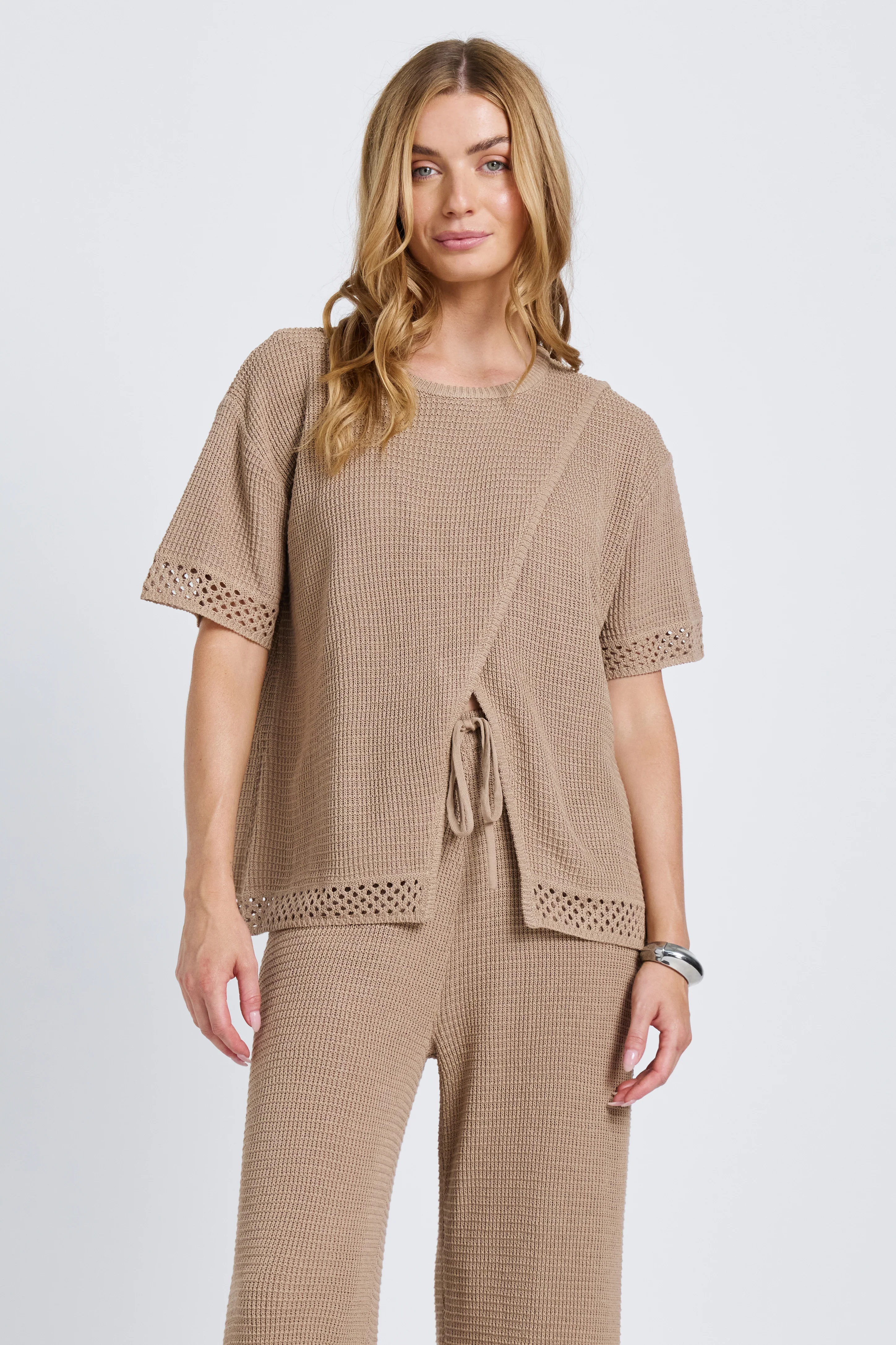 Evi Knit Wrap Tee - Stone Beige - Image 5