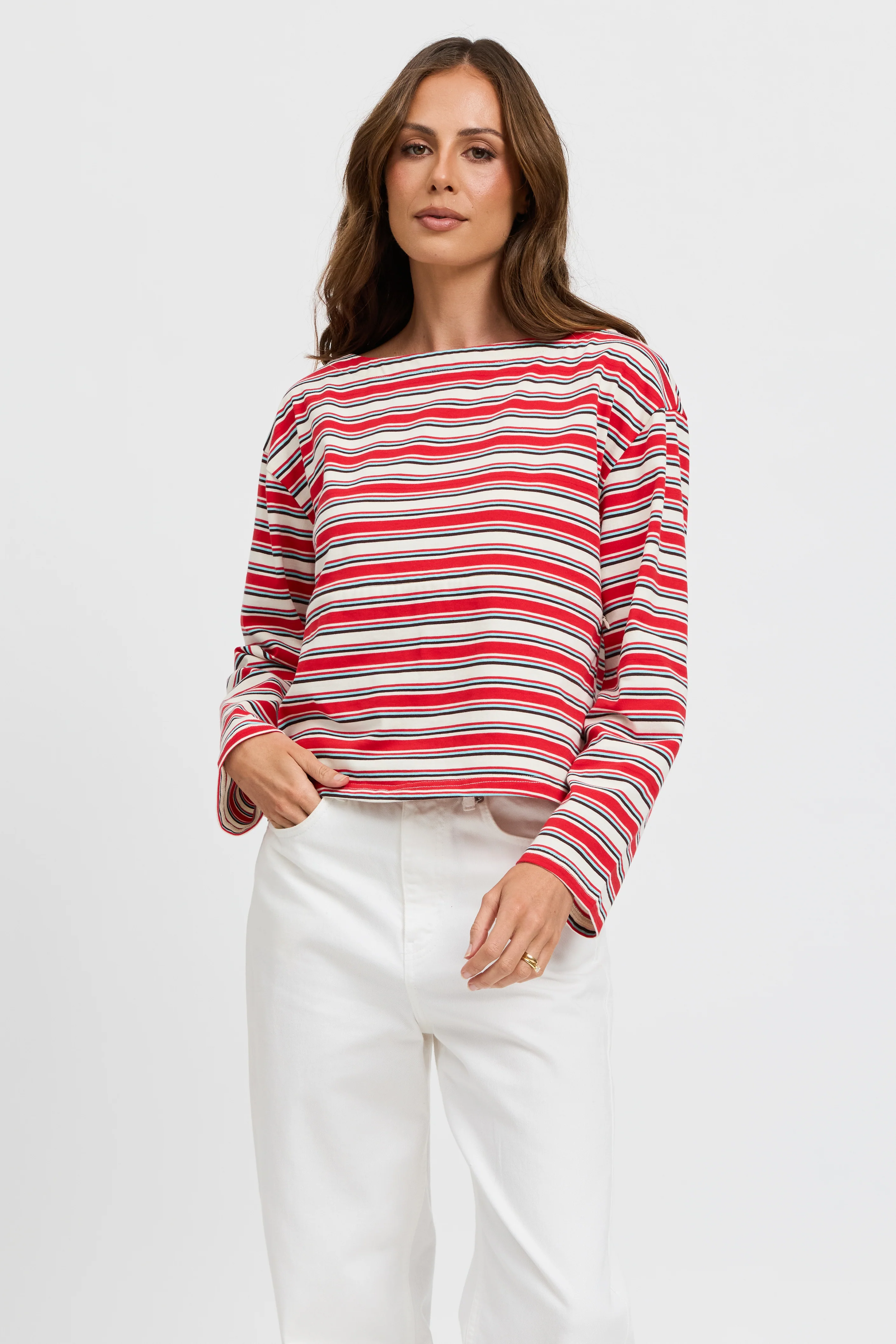 Genevieve Stripe Boatneck Long Sleeve Top - Red / White / Blue - Image 3