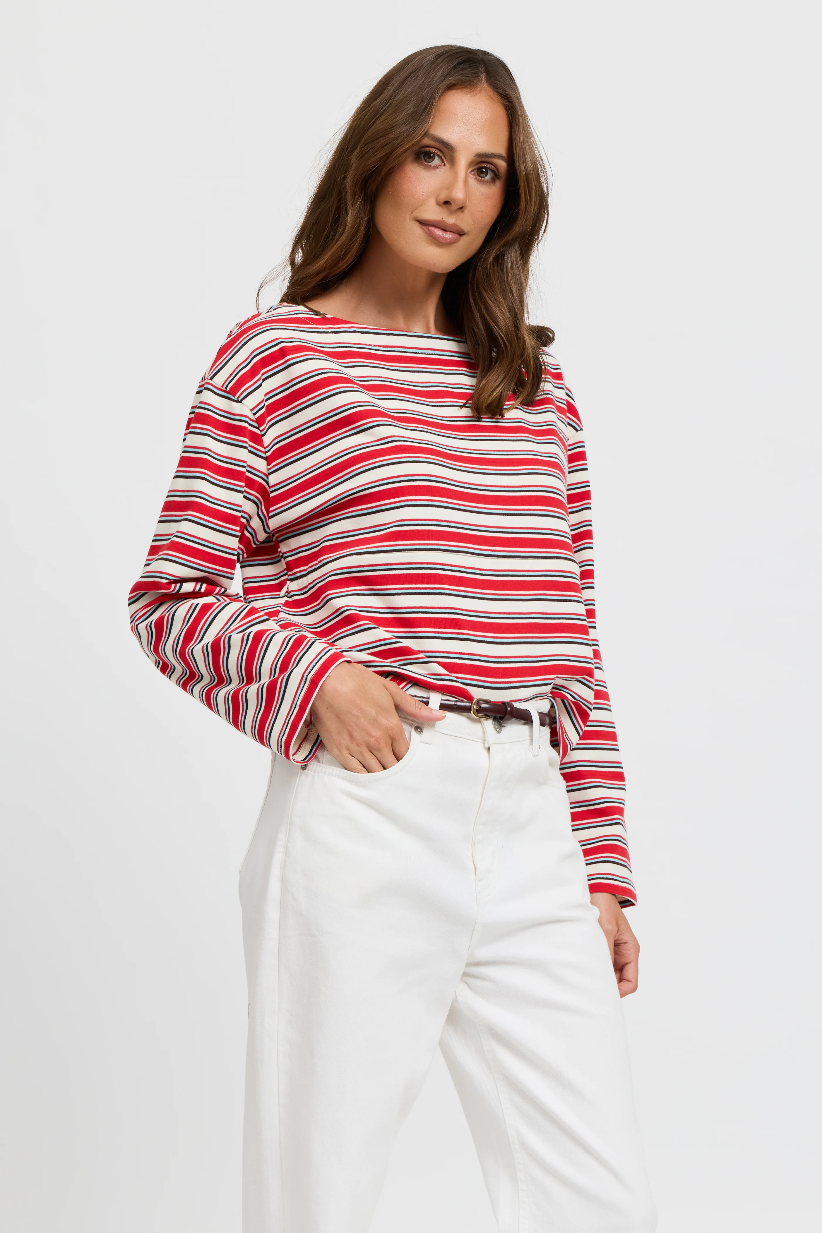 Genevieve Stripe Boatneck Long Sleeve Top - Red / White / Blue - Image 4