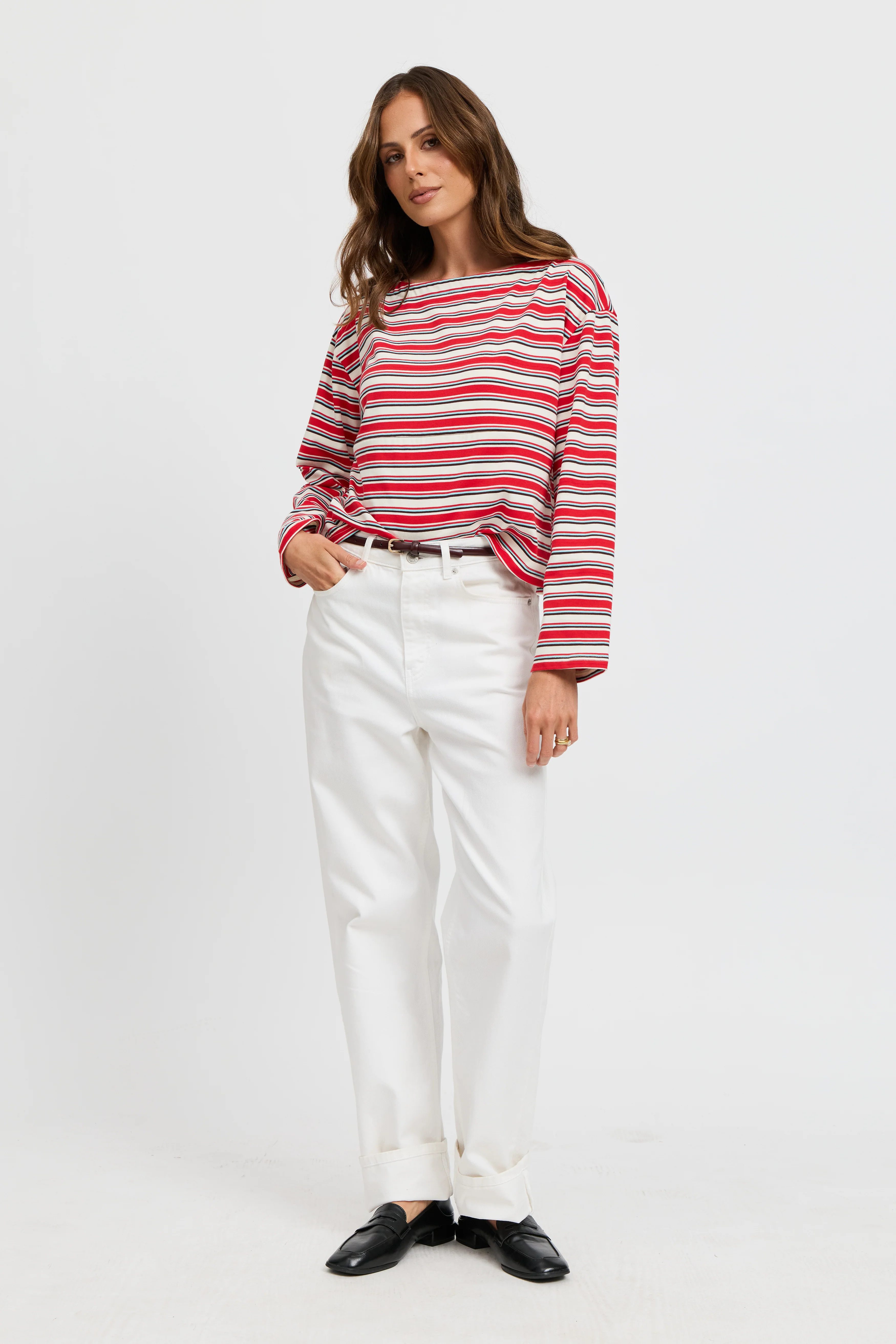 Genevieve Stripe Boatneck Long Sleeve Top - Red / White / Blue - Image 6