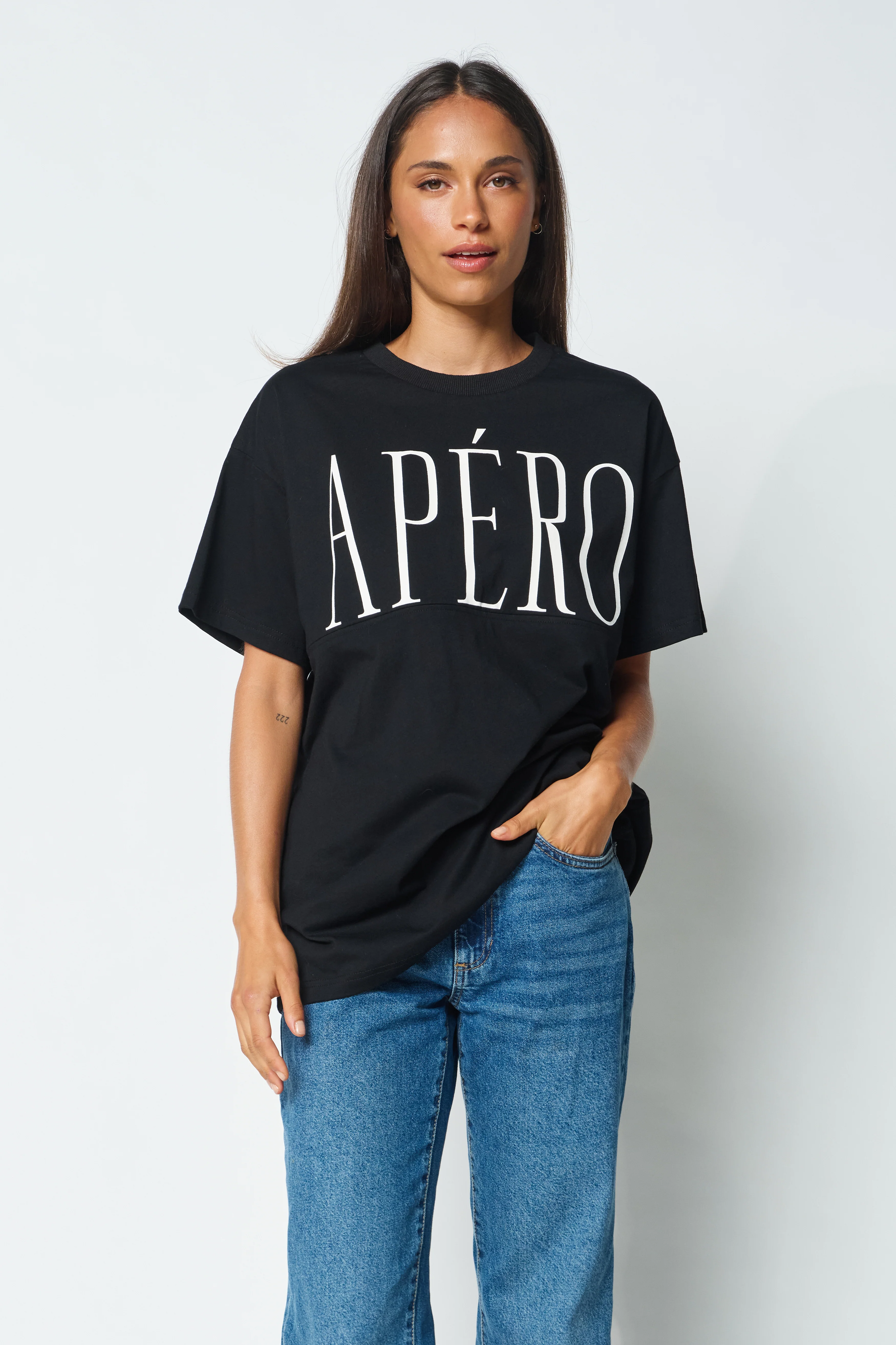 Grande Printed Longline Panel Tee - Black / White - Image 6
