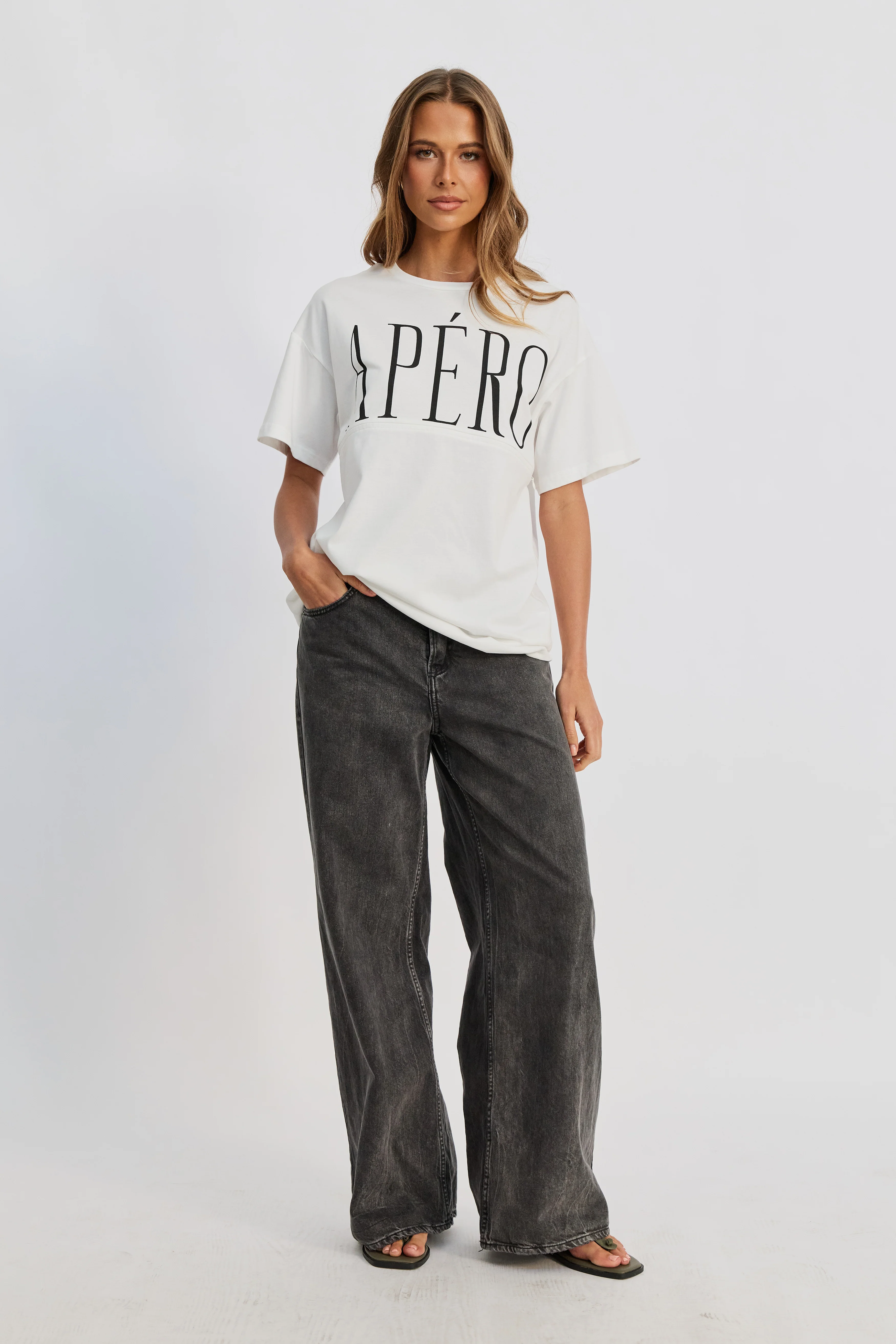 Grande Printed Longline Panel Tee - White / Black - Image 10