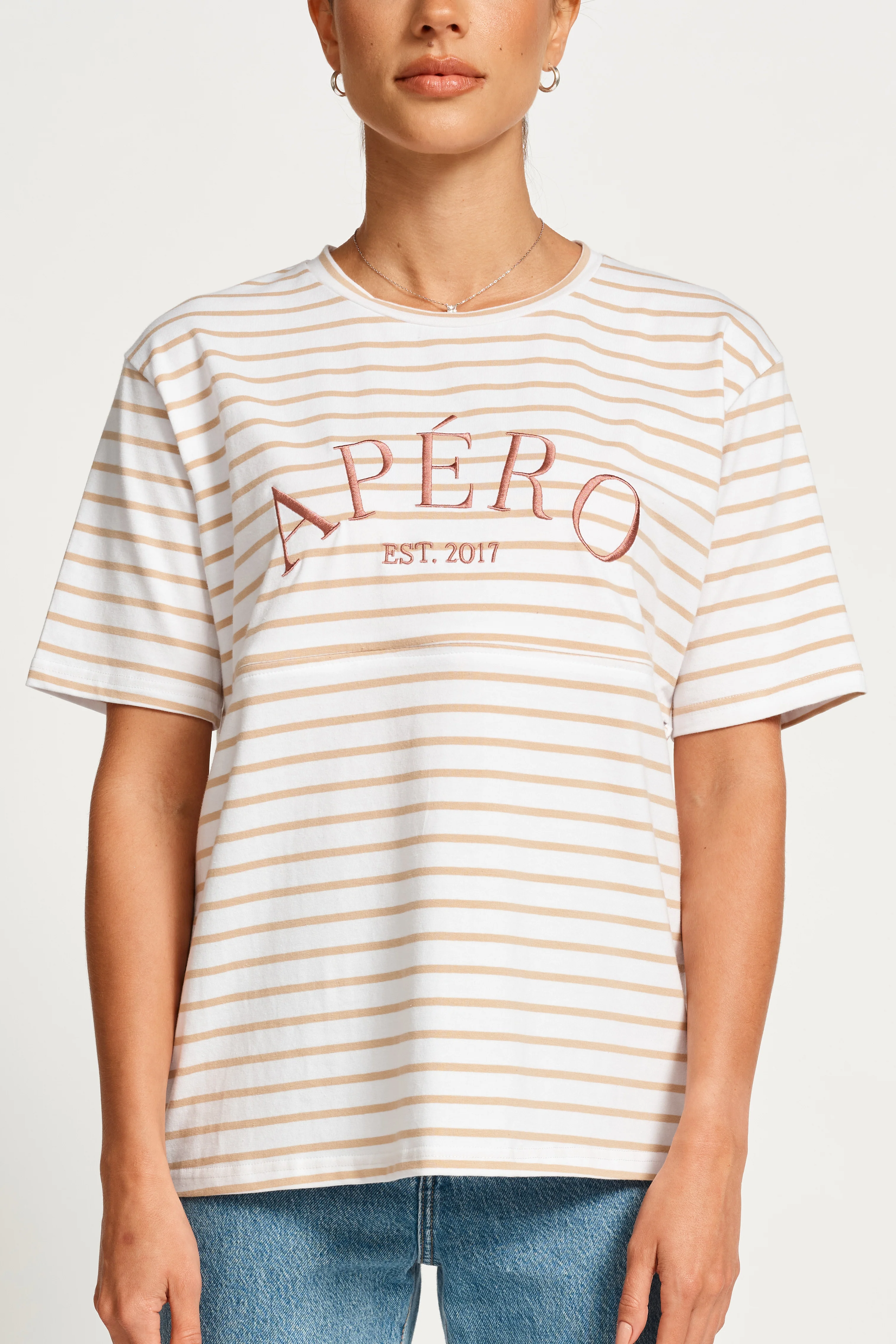 Heritage Stripe Panel Tee - White / Beige / Plum - Image 3