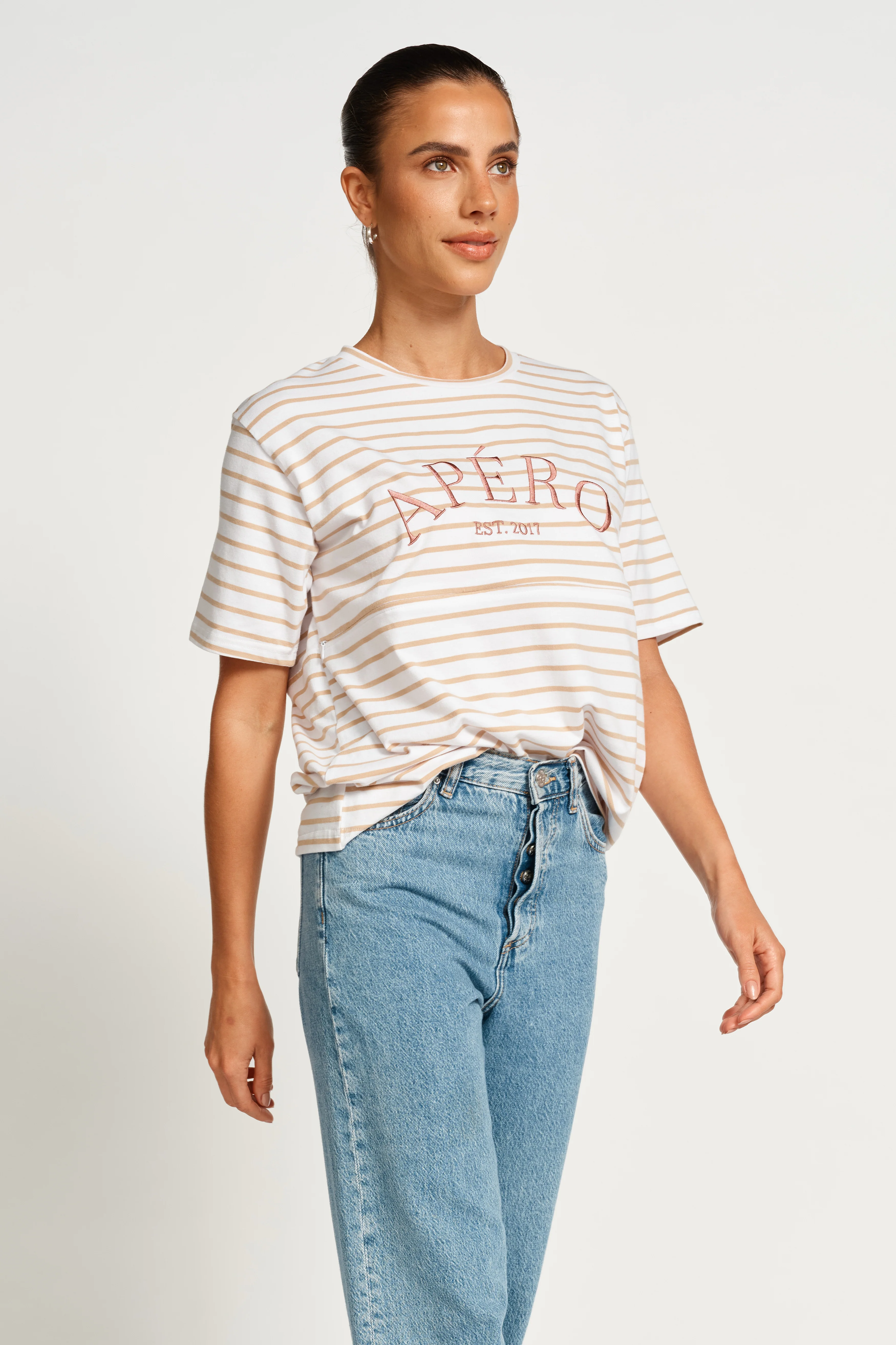 Heritage Stripe Panel Tee - White / Beige / Plum - Image 4