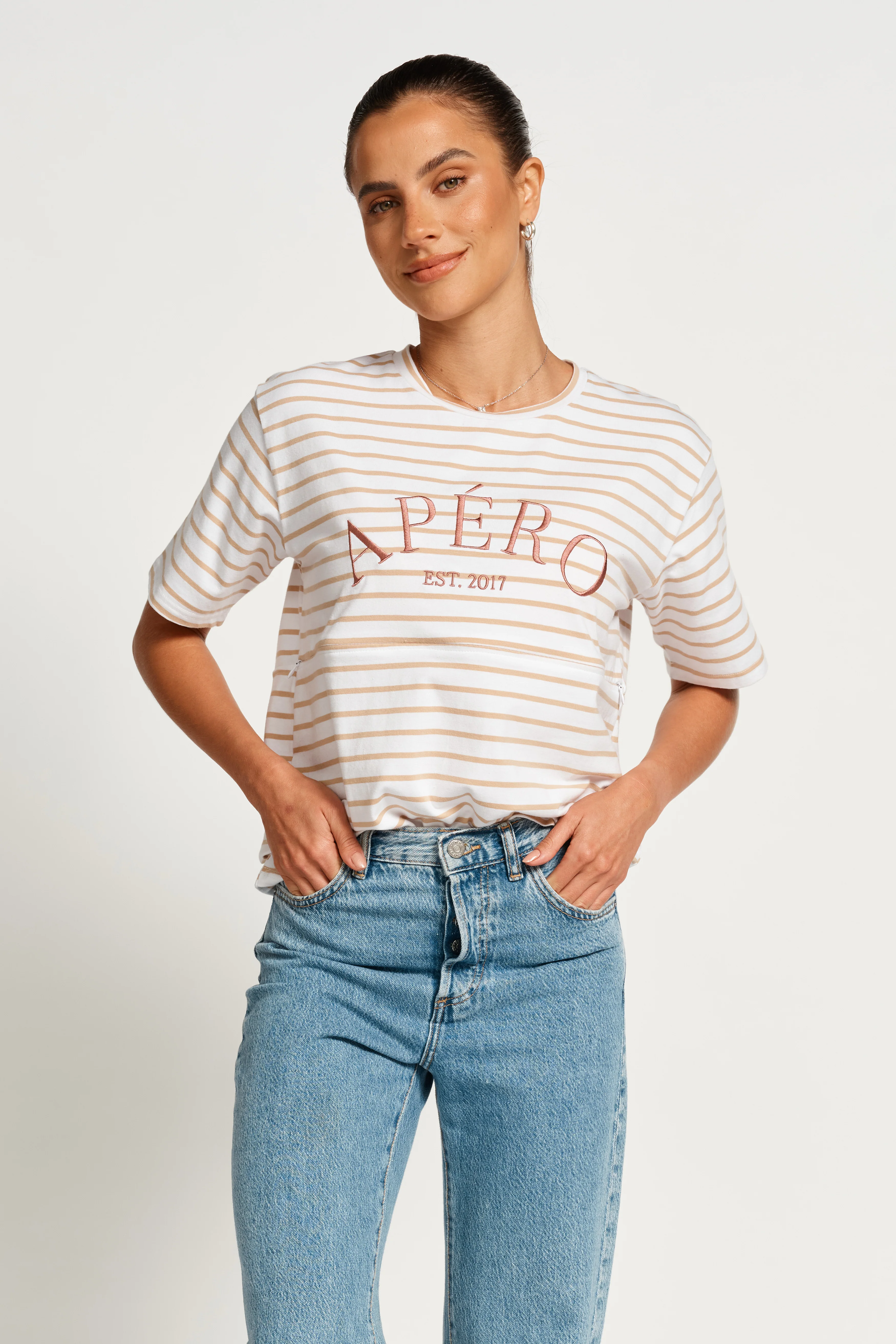 Heritage Stripe Panel Tee - White / Beige / Plum - Image 6
