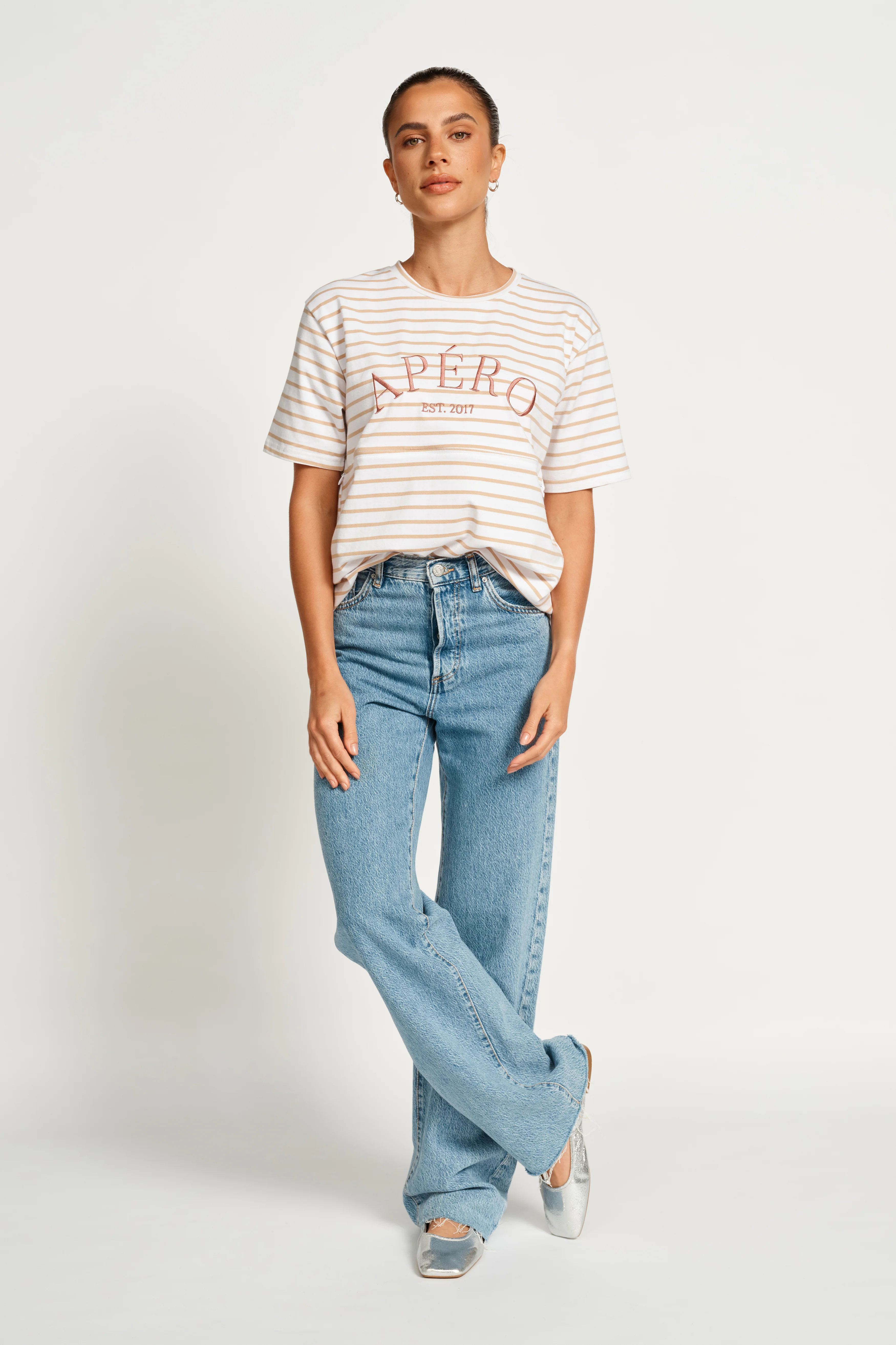 Heritage Stripe Panel Tee - White / Beige / Plum - Image 7
