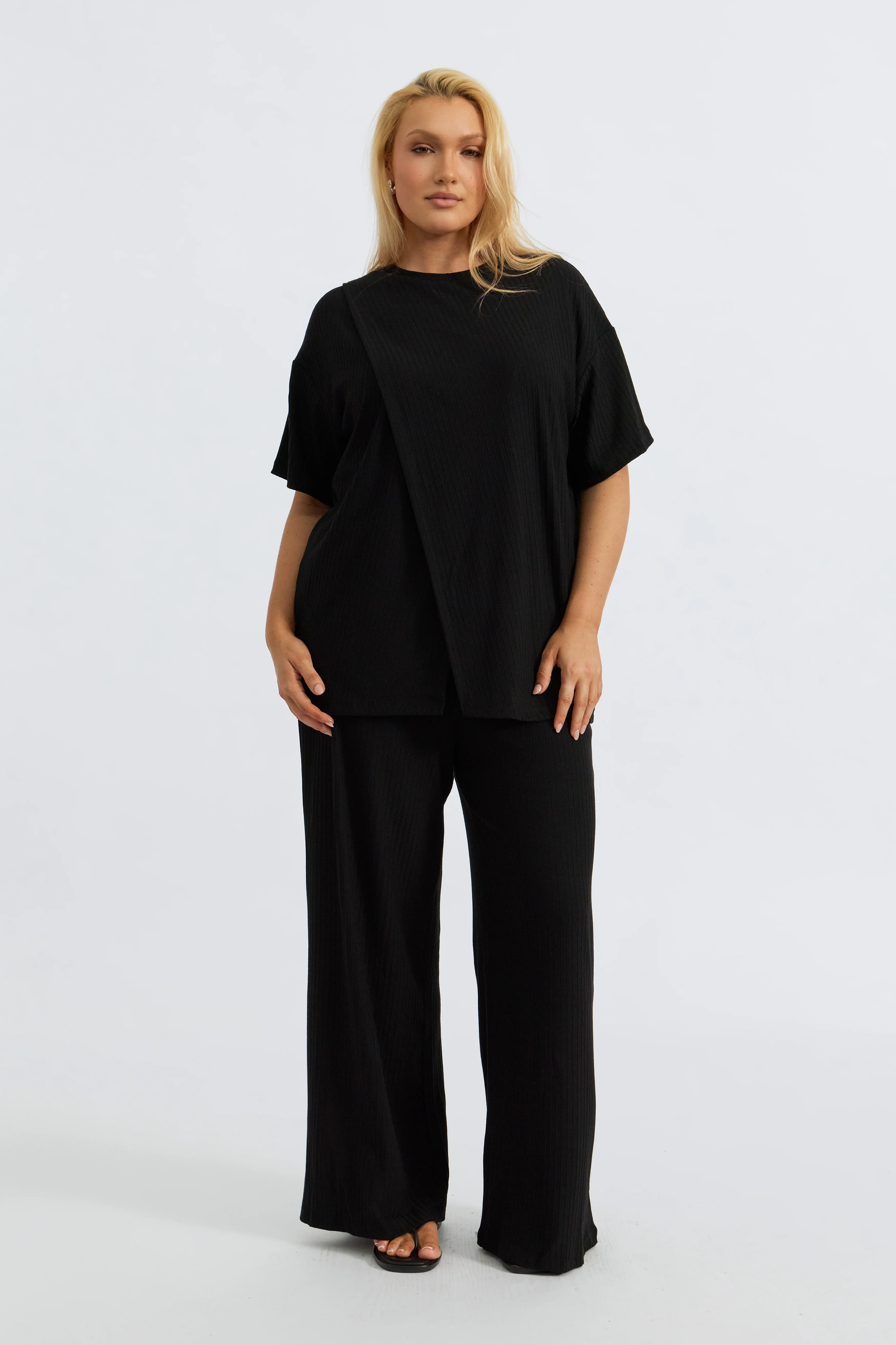 Ivy Ribbed Wide Leg Pant - Black - Image 8
