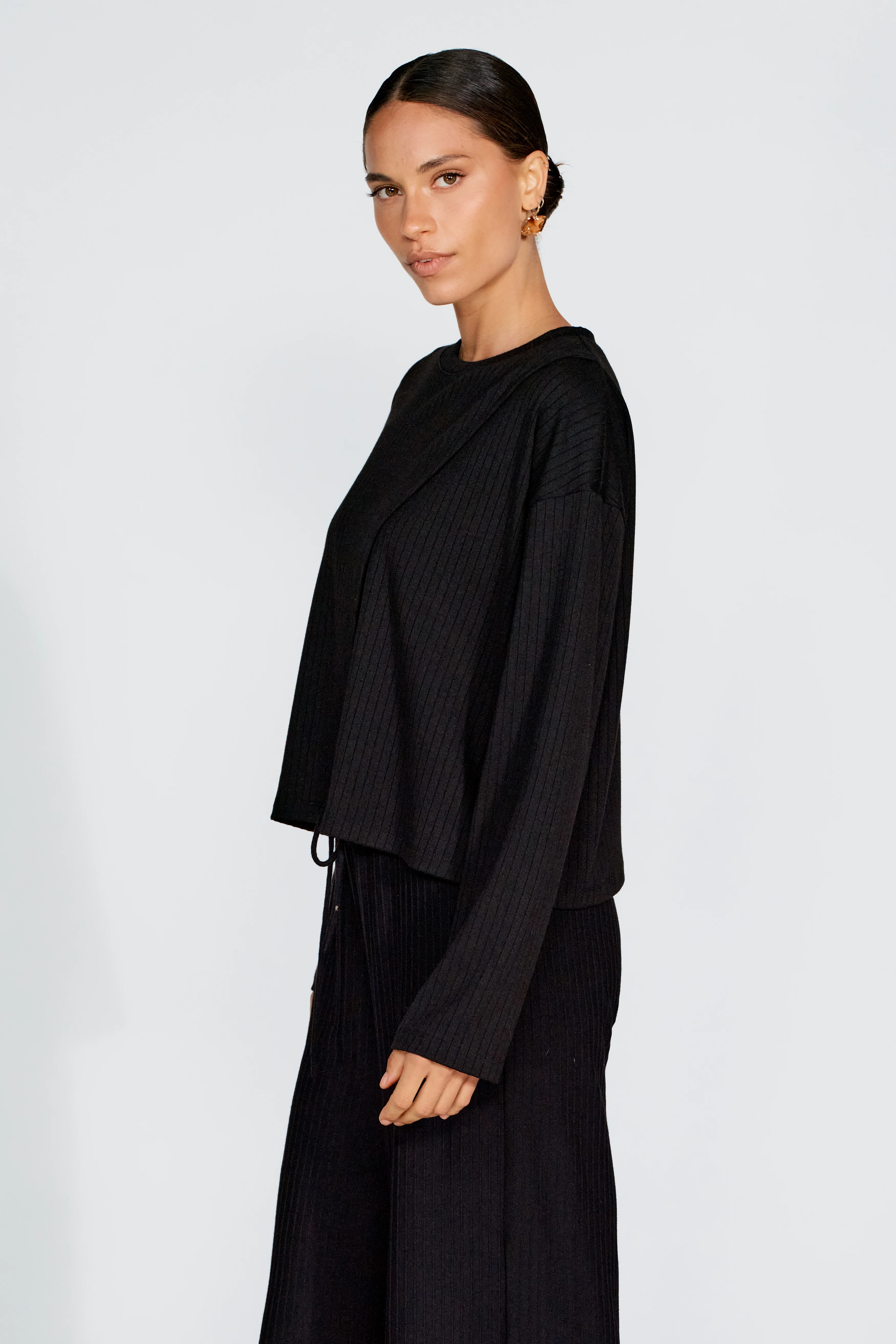 Ivy Ribbed Long Sleeve Top - Black - Image 10