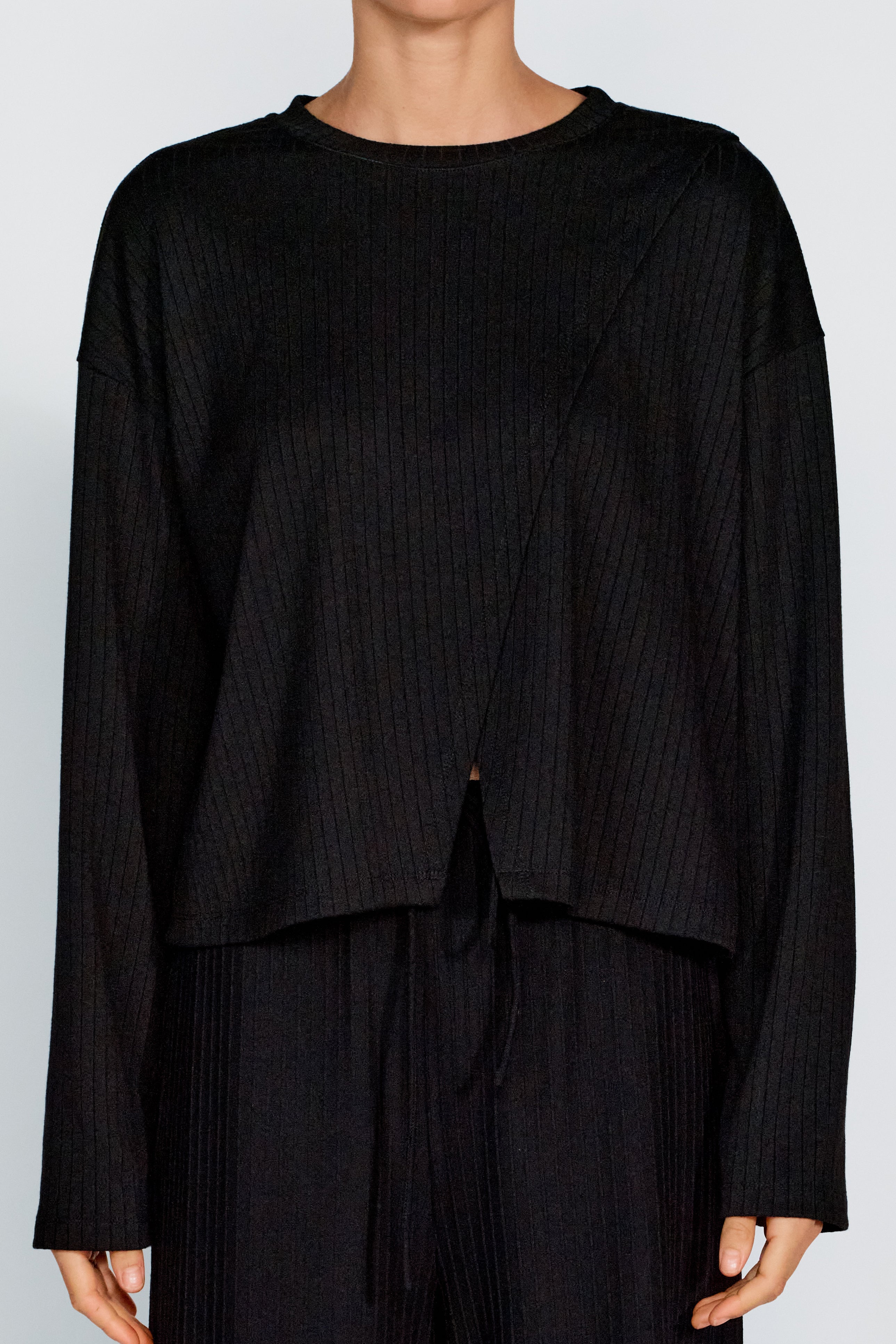 Ivy Ribbed Long Sleeve Top - Black - Image 3