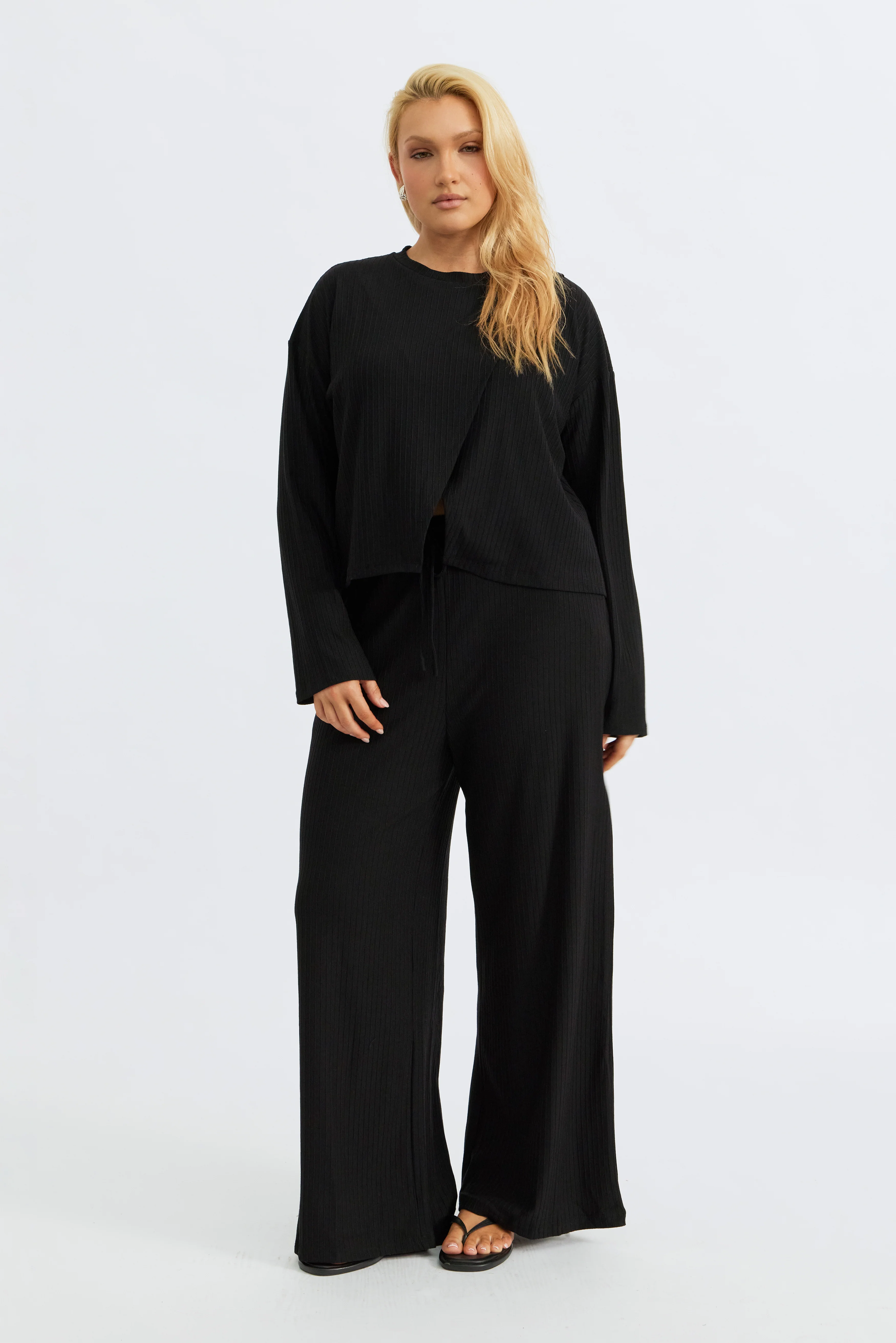 Ivy Ribbed Long Sleeve Top - Black - Image 4